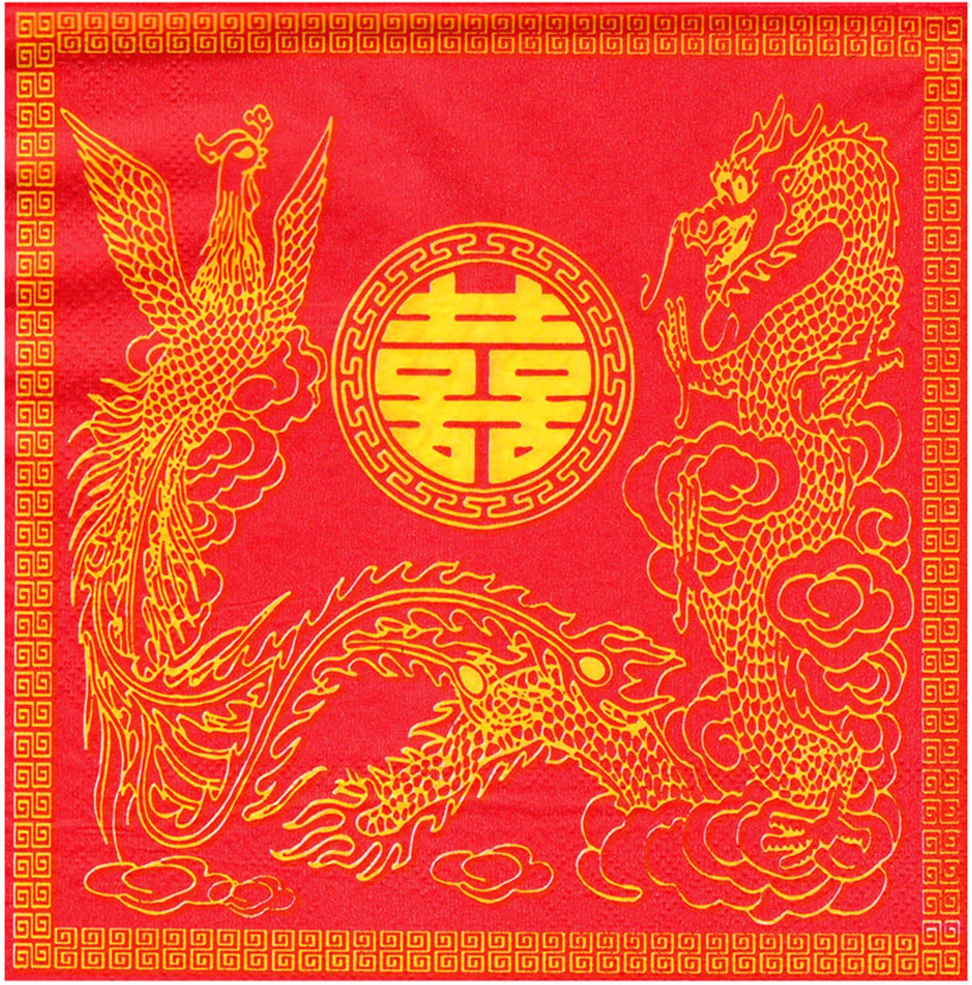 Lot of 20 serviettes in Papier Motif Chinois Oriental Dragon et Phoenix du Bonheur
