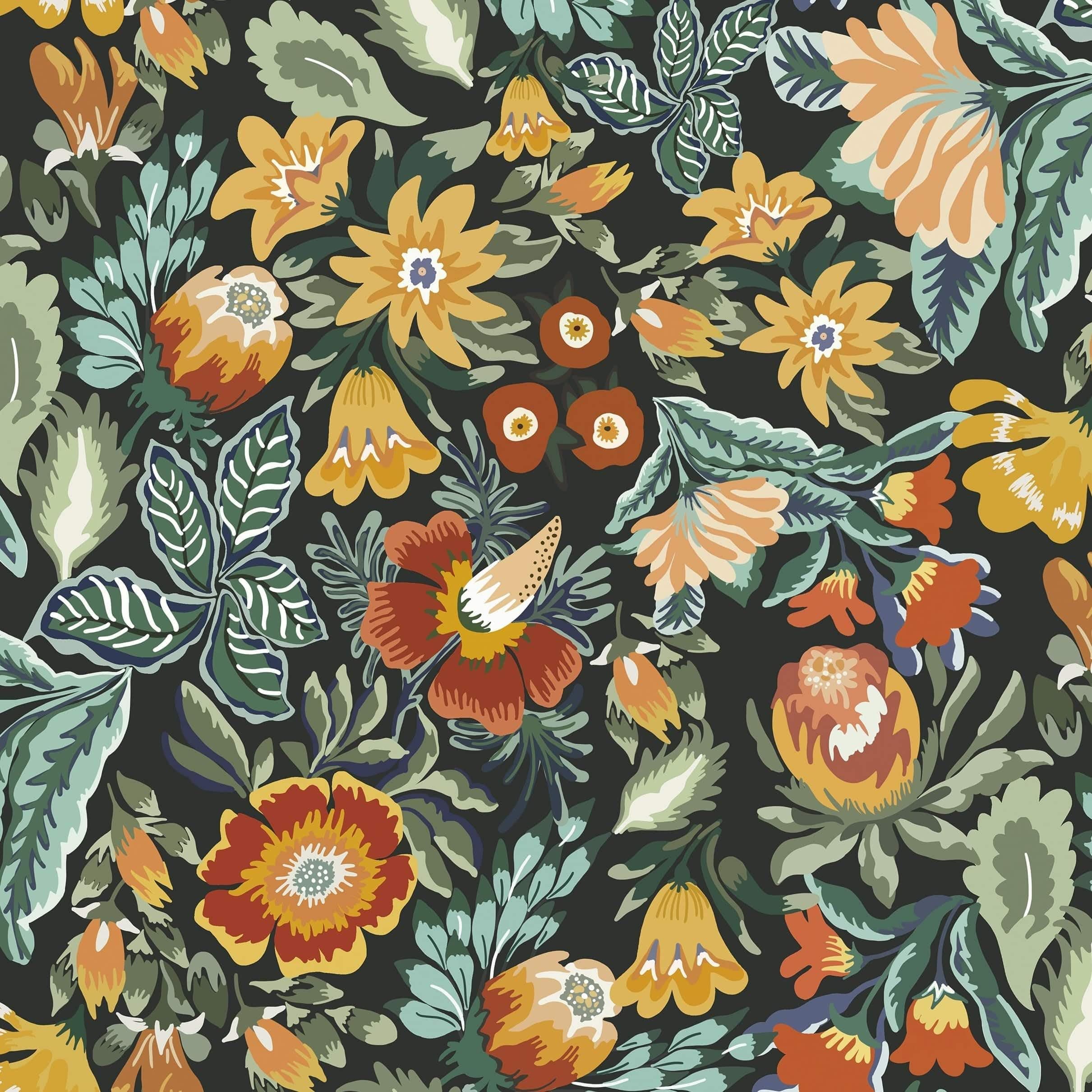 Dimoon 78.7"x16.1" Floral Wallpaper Black Vintage Flower Contact Paper Green Leaf Peel and Stick Wallpaper for Bedroom Orange Thicken Waterproof Self Adhesive Wall Paper Removable Vinyl Roll