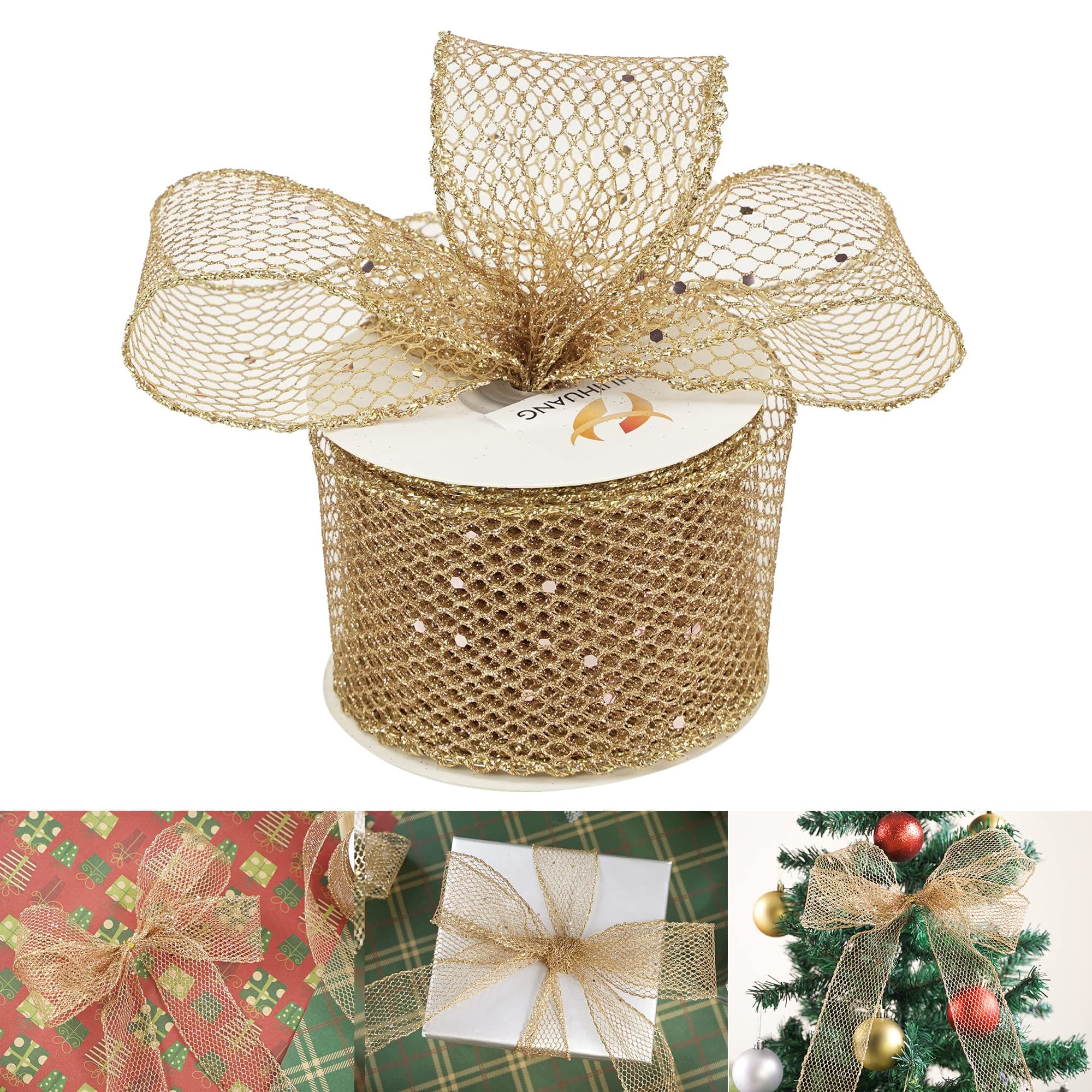 HUIHUANG Rose Gold Wired Ribbon 2.5 inch Wide Glitter Mesh Ribbon Web Mesh Ribbon Wired Sparkling Ribbon for Christmas Gift Wrapping Bow Making Home Decor Wreath DIY Crafts Tree Topper Bows-10 Yards