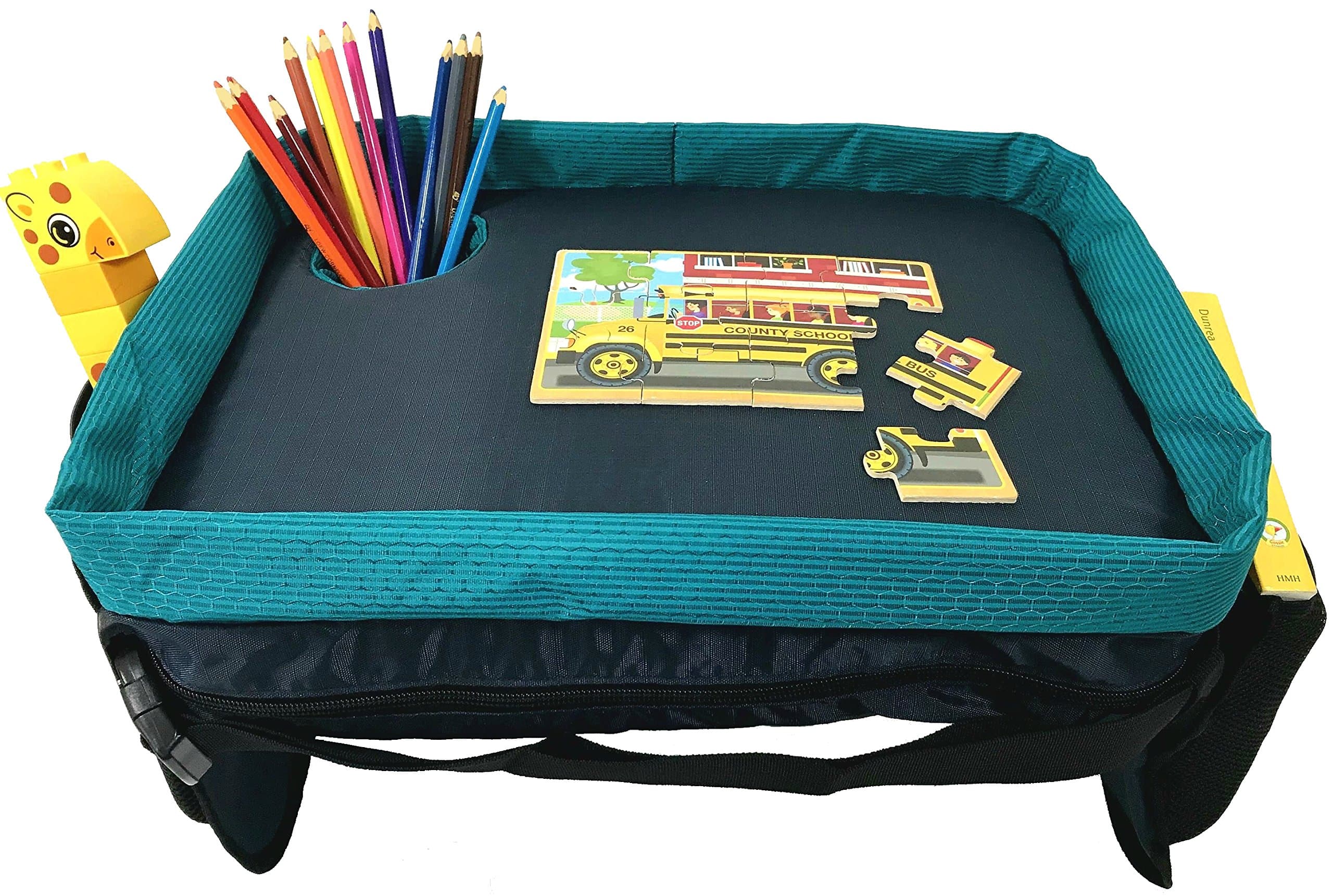 Car Seat Tray & Lap Desk for Kids & Toddlers - Reinforced Entertainment Surface & Best Cup Holder - Snack and Play Travel Tray - in Teal and Fuchsia by Dynamic Kidz