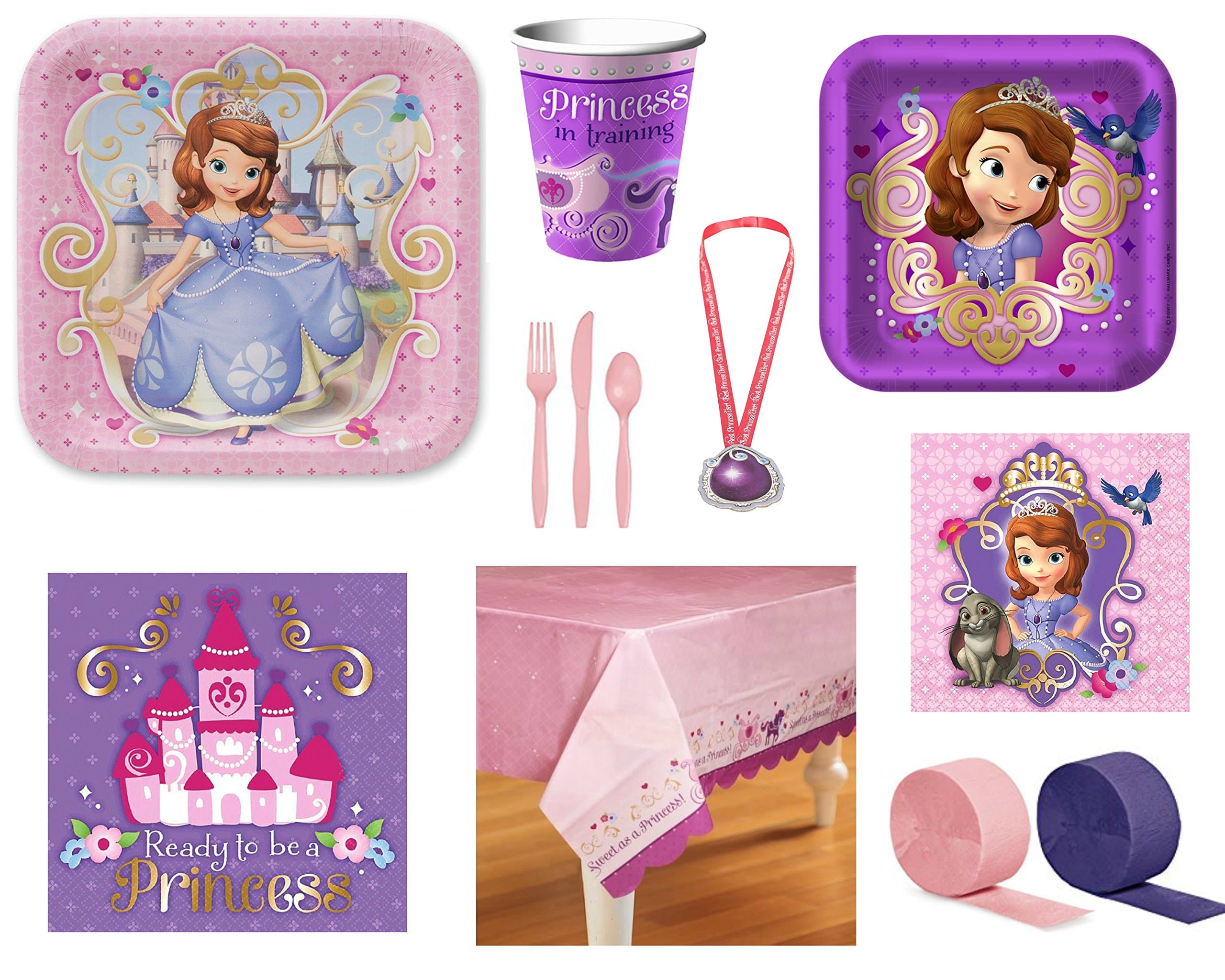 Disney Sofia the First Party Supply Bundle for 8 Guests - Plates, Napkins, Cups, Utensils, Tablecover, Amulet