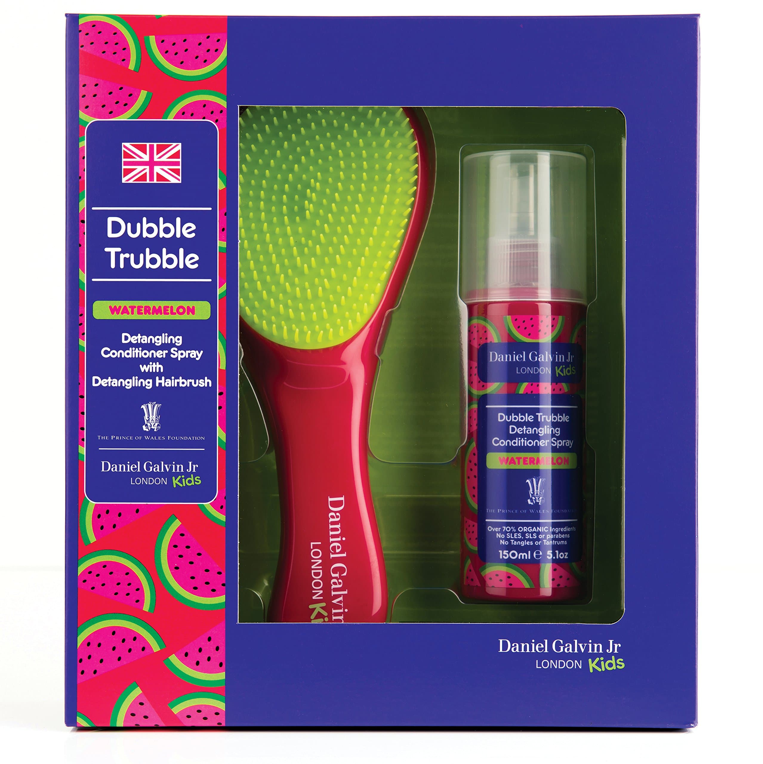 Daniel Galvin Jr Dubble Trubble Watermelon Detangling Conditioner Spray (150ml) 70% Organic with Detangling Hairbrush 2-in-1 Set