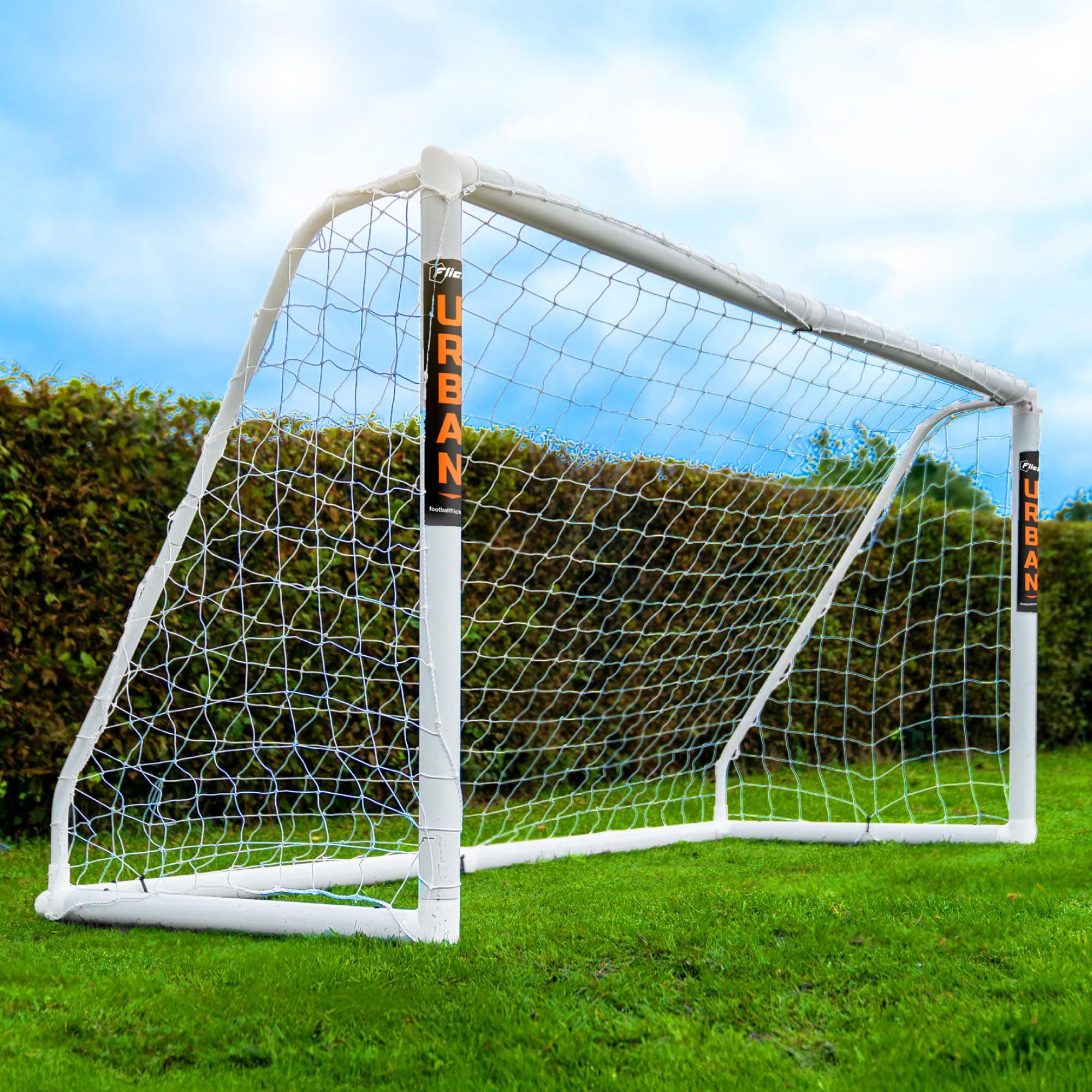 Football Flick Ultimate All Weather uPVC Football Goal with UV treated 70mm thick posts, integrated locking system, and strengthened corners (Sizes: 6x4, 8x4, 8x6, 12x6)
