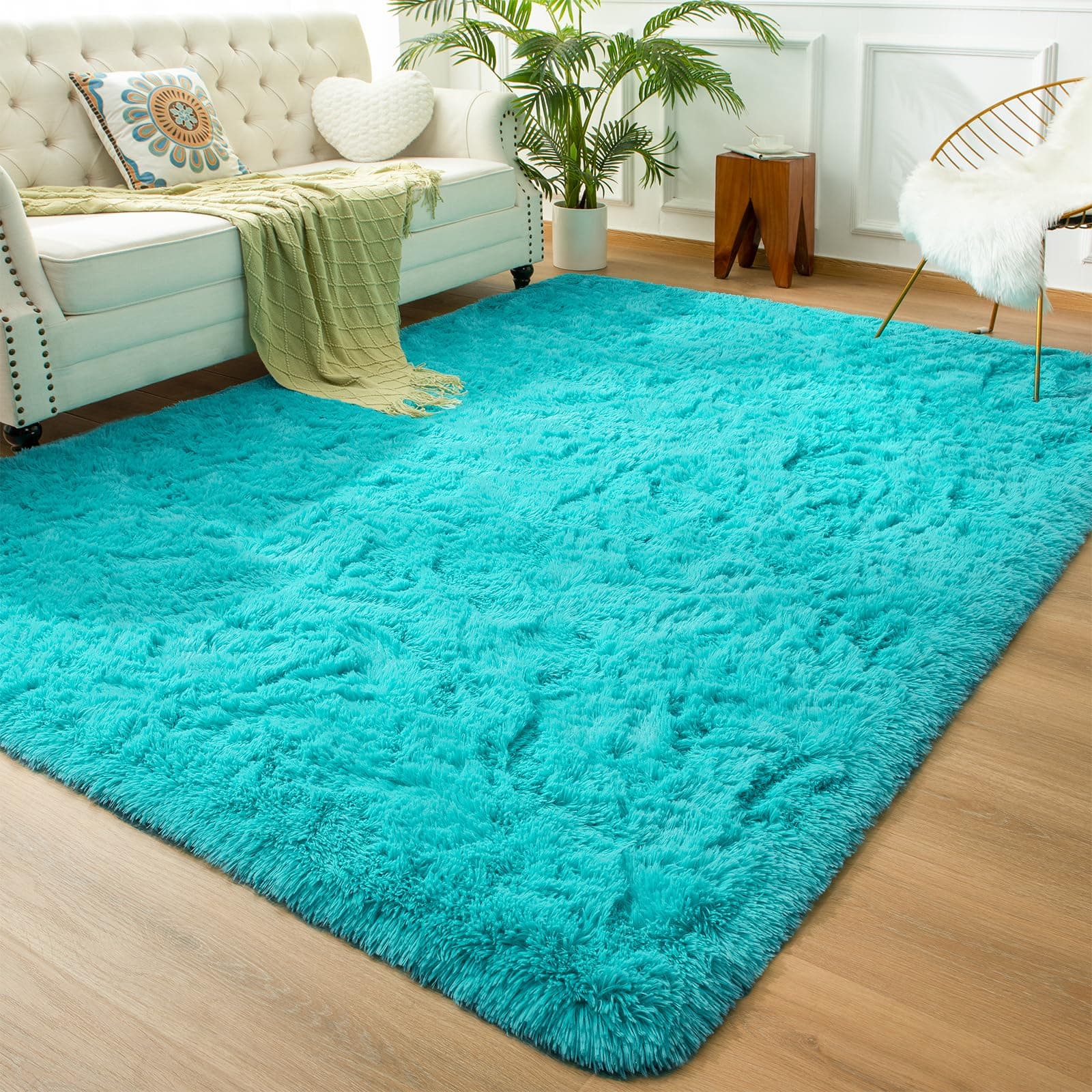 Andecor Soft Fluffy Bedroom Rugs, 5 x 8 Feet Indoor Shaggy Plush Area Rug for Boys Girls Kids Baby College Dorm Living Room Home Decor Floor Carpet, Teal Blue