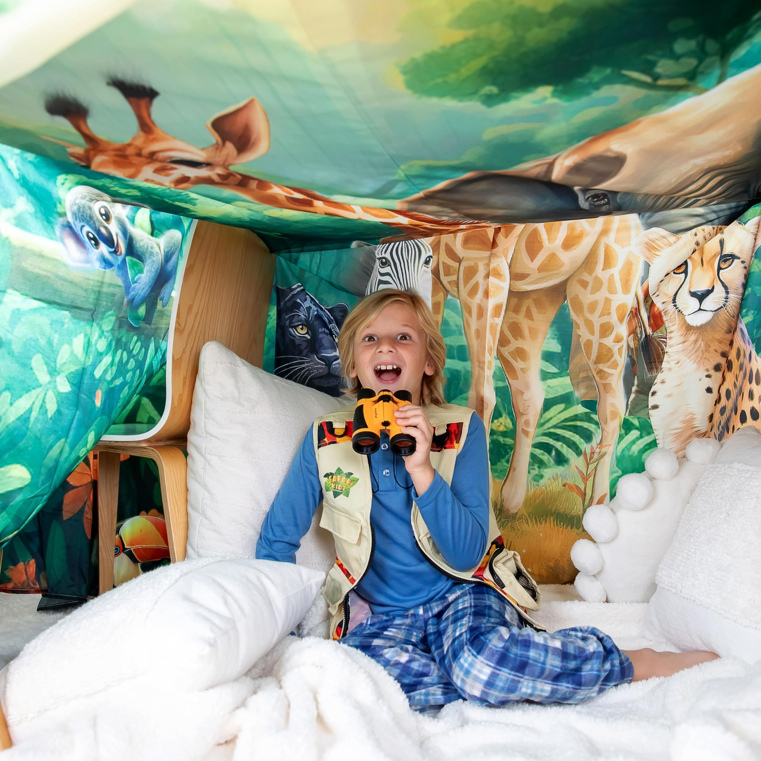 Blanket Fort Building Kit, X-Large 10' x 10' with Clips, Hooks and Sandbags, Play Blanket Fort Indoor Kit, Use as a Canopy, Play Stage Background - Jungle