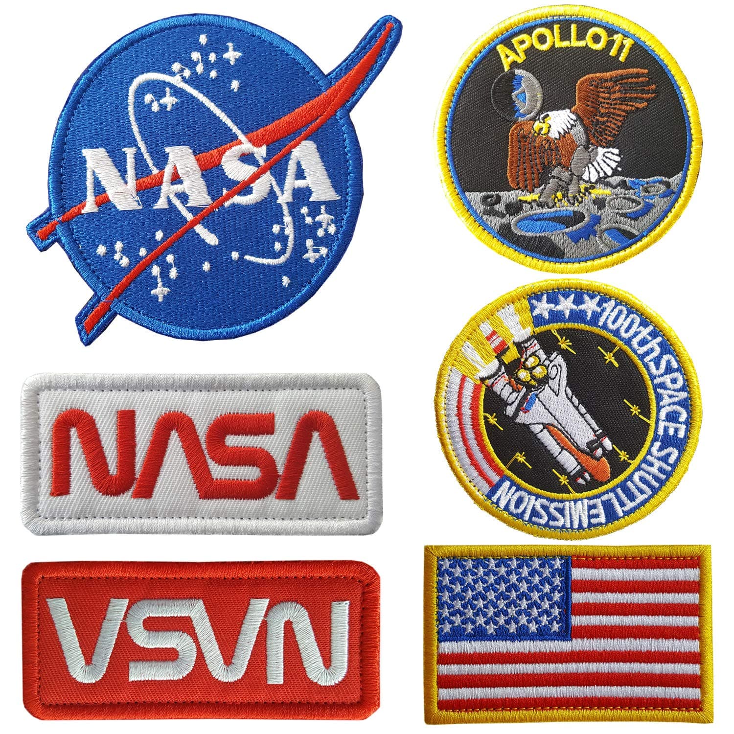 Lightbird NASA Patches 6 Pieces,Embroidered Iron On/Sew On Space Patches,US Flag Patch (Iron on/Heat Transfer Backing)