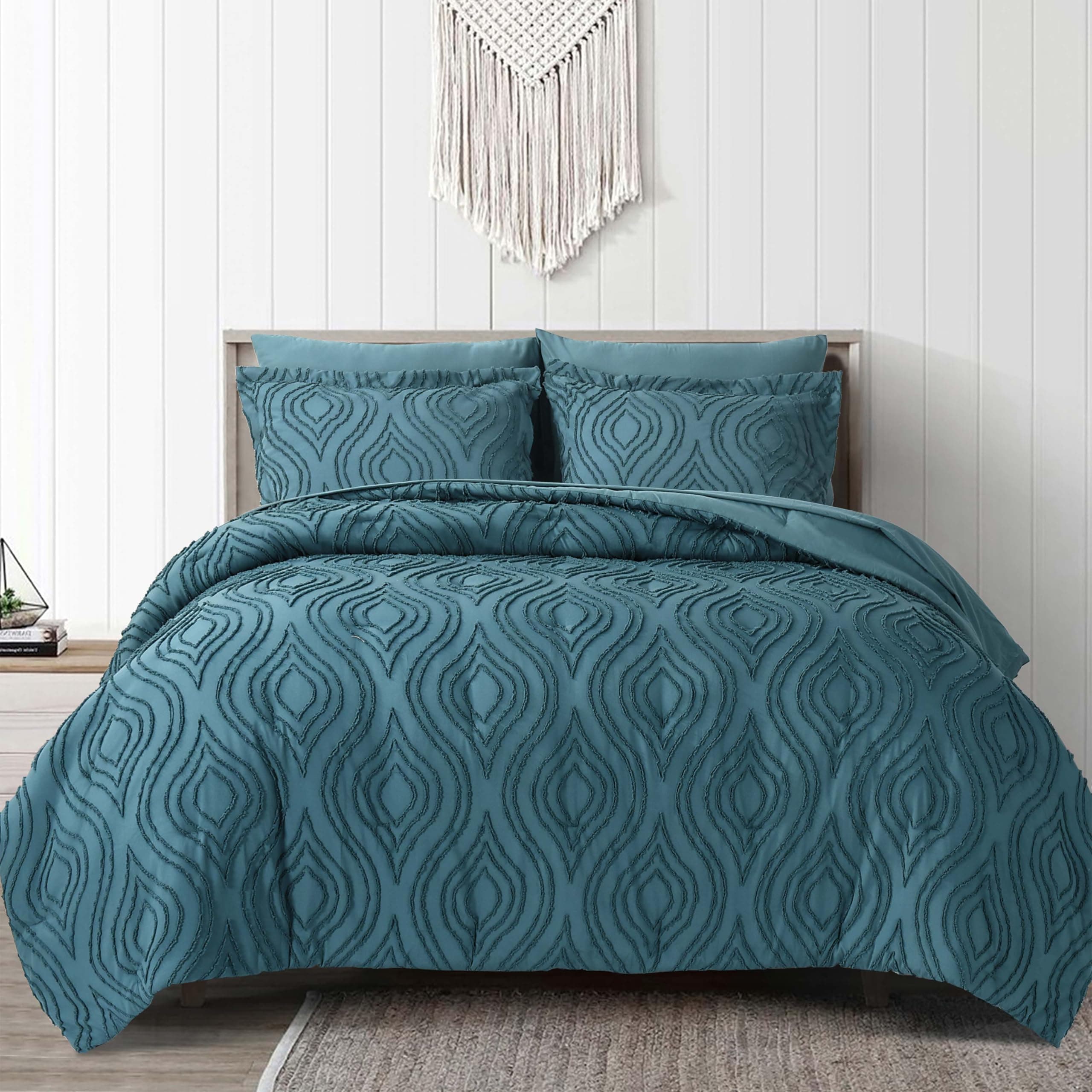 HIG Boho Chic Tufted Comforter Set with Sheet Set, 7 Pieces Modern Farmhouse Textured Bed in A Bag with Unique Pattern, Luxurious Elegant Bedding Set for Home Decor, Teal, Queen (Lydia)