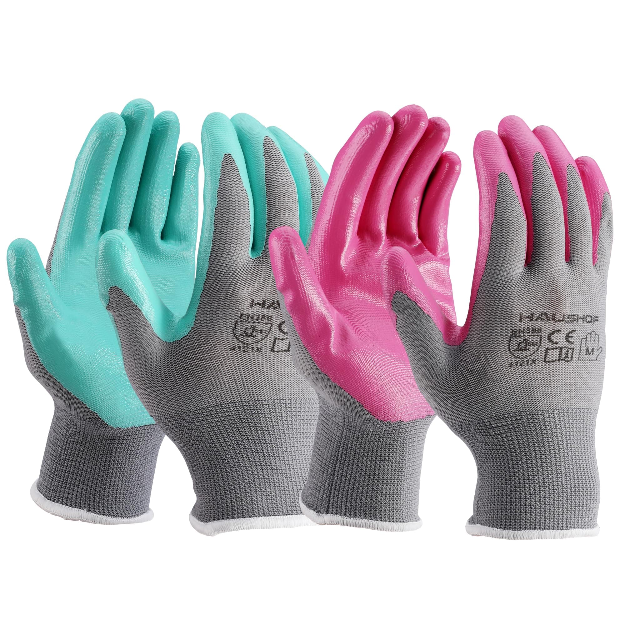 6 Pairs Garden Gloves for Women, Nitrile Coated Working Gloves, for Gardening, Restoration Work, Medium, Pink & Green, M
