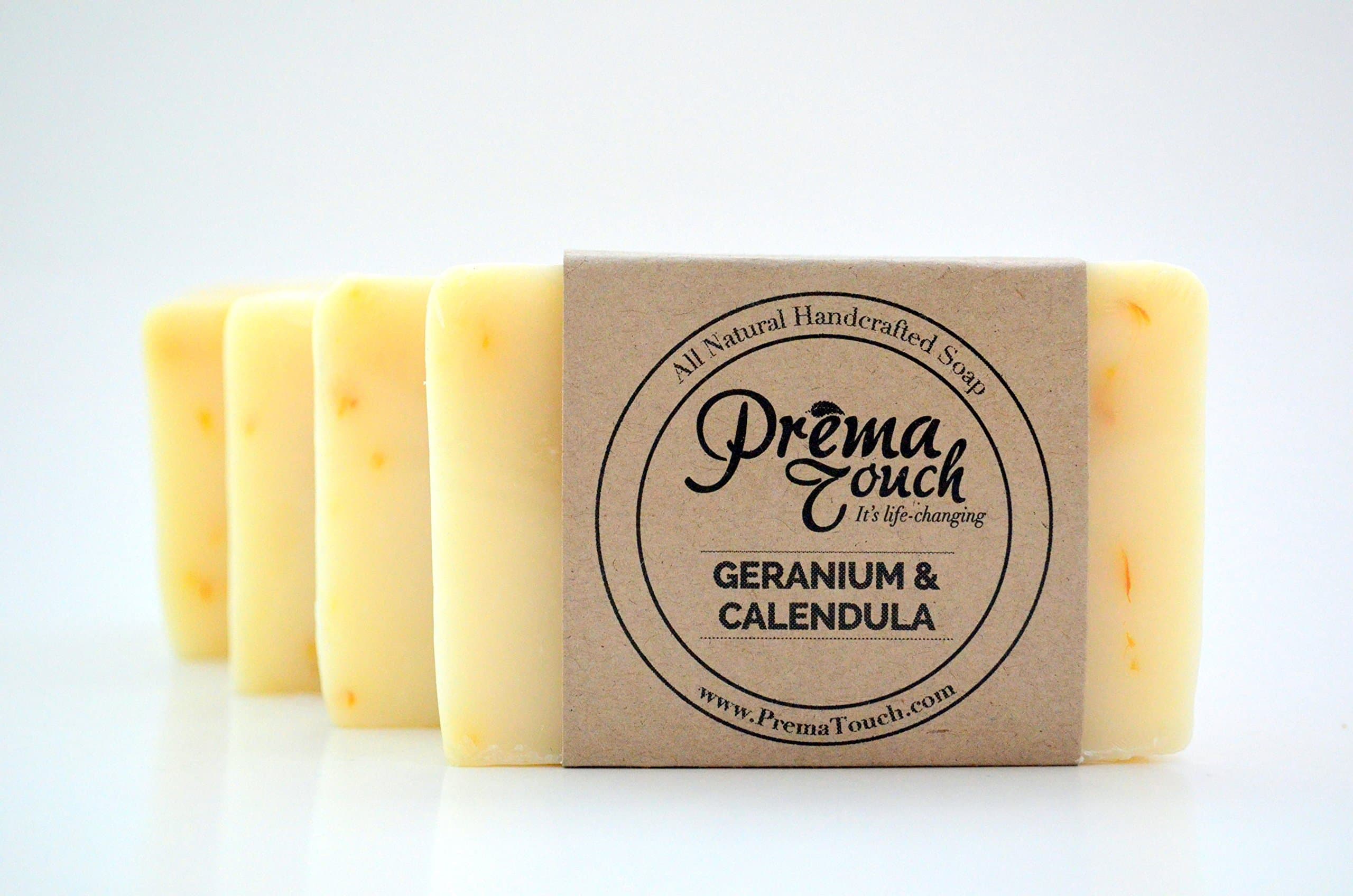 PremaTouch COCONUT OIL Soap Bars with GERANIUM Essential Oil & CALENDULA Flowers - Life Changing, All Natural, Handmade Soap. SLS and Paraben Free. Great for Eczema. (Geranium & Calendula 4 Pack)