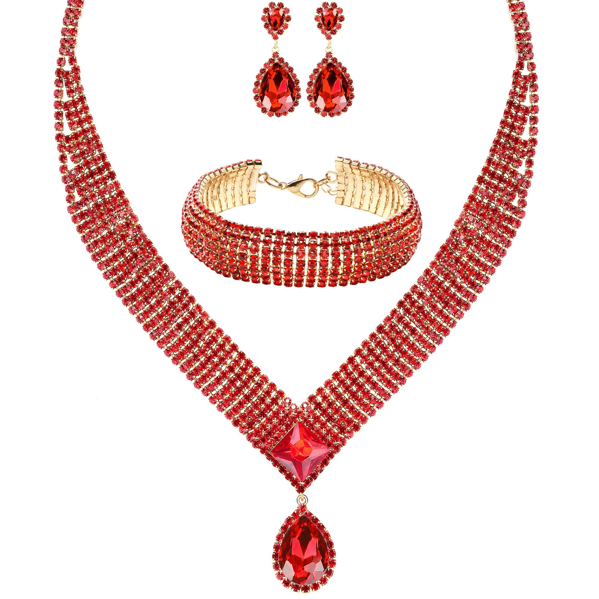 3/4 Pieces Women Jewelry Set Rhinestone Tiara Crown Necklace Bangle Bracelet Artificial Crystal Teardrop Dangle Earrings and Artificial Rhinestone Handbag for Wedding Party