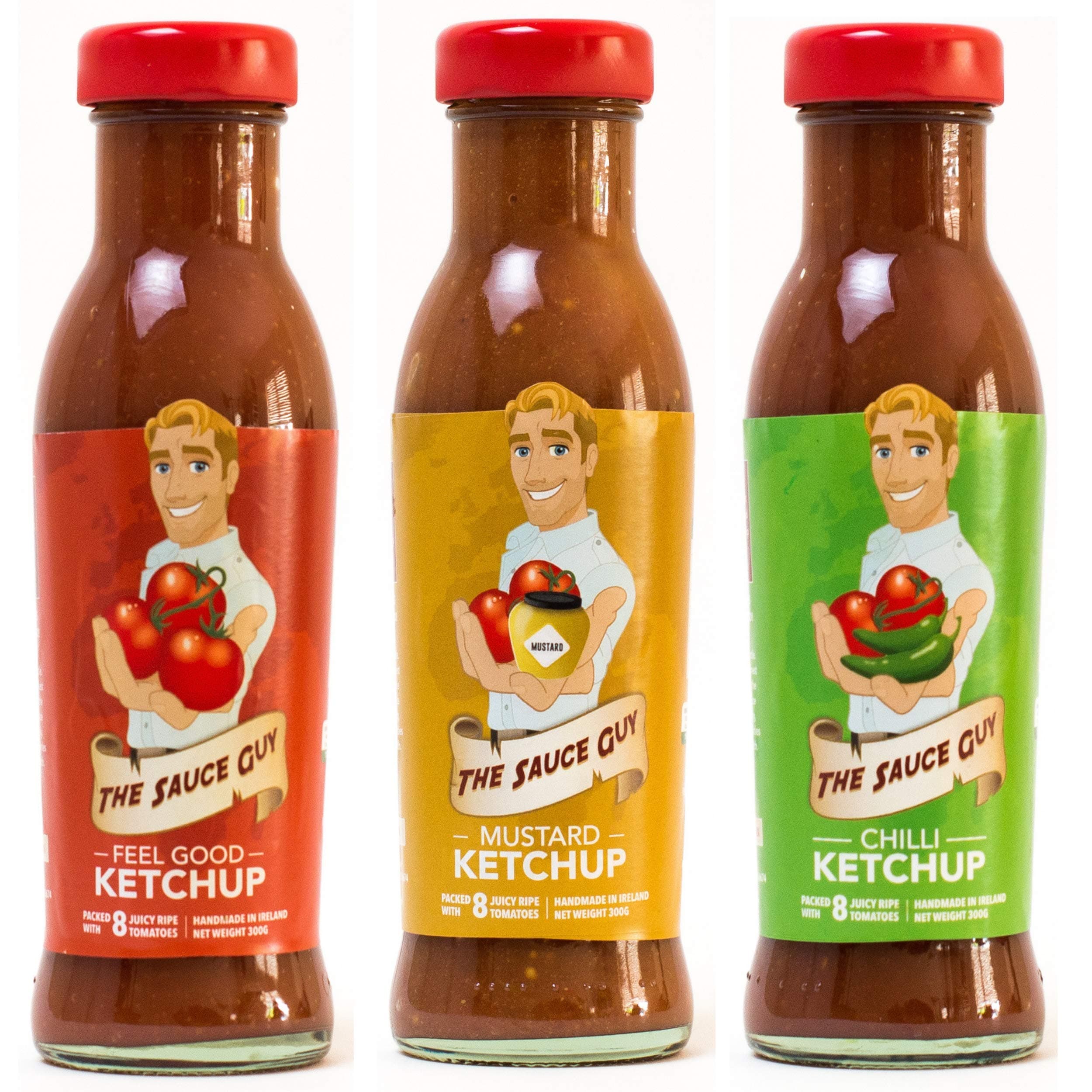 The Sauce Guy Healthy Ketchup Variety Pack - Classic Tomato Sauce, Spicy Chilli & Mustard Ketchup - Low Salt, Low Sugar Ketchup Bottles - Low Carb, Keto - 3 x 300g Recyclable Glass Bottles