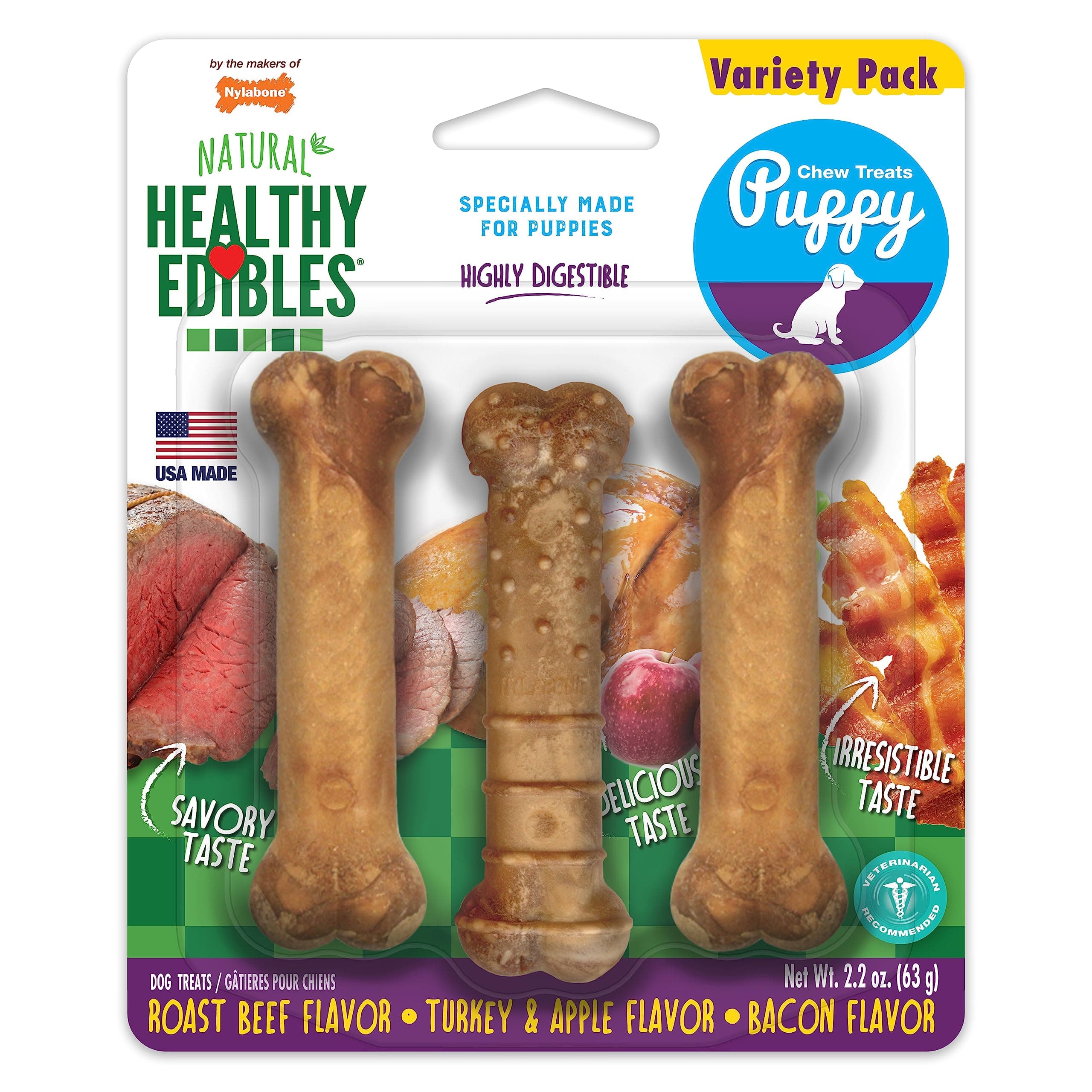 Healthy Edibles Puppy Starter Kit (Bacon, Roast Beef, Turkey & Apple) 3Ct Card Petite Edible