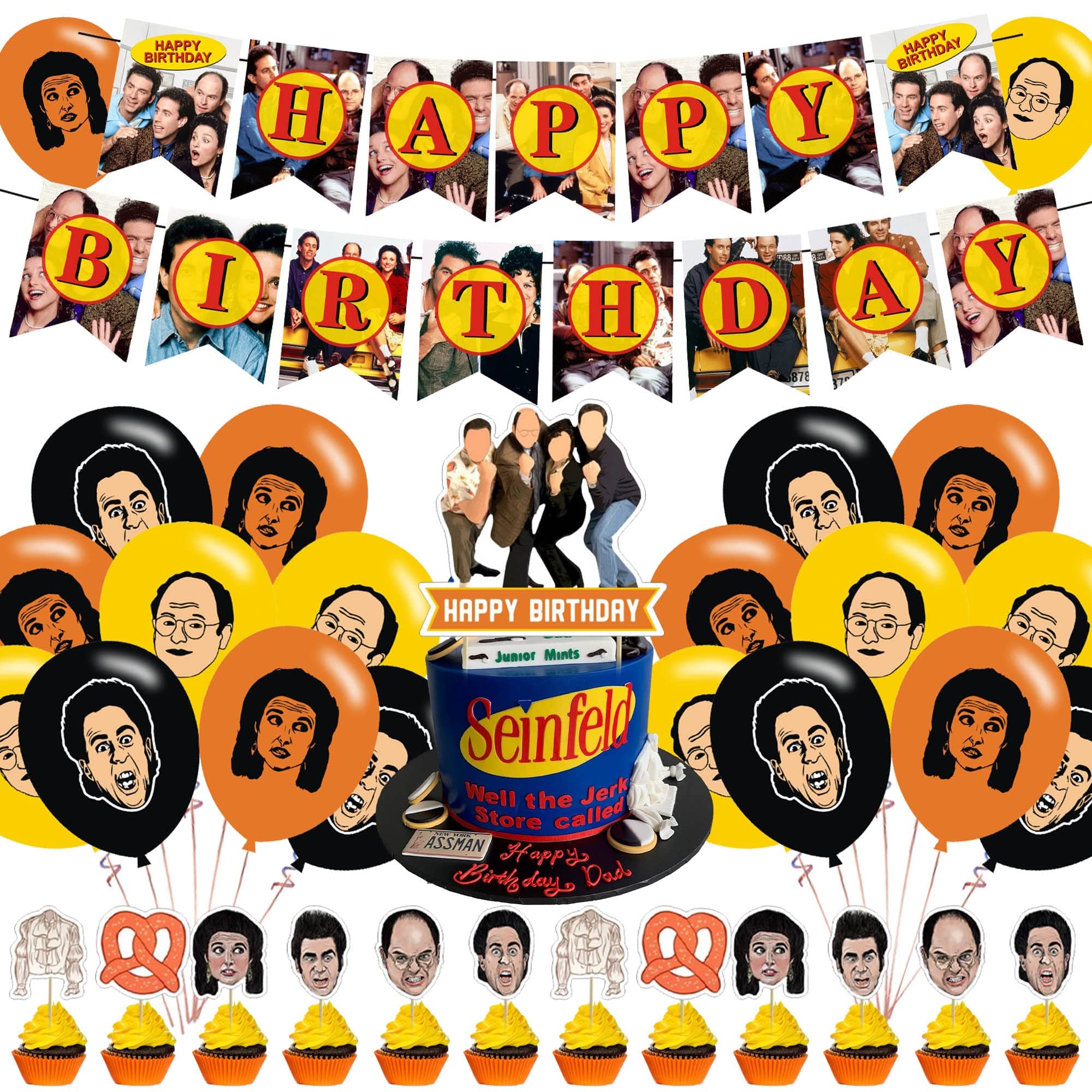 Seinfeld Party Decorations,Seinfeld Birthday Classic TV Show Funny Party Supplies Includes Banner - Cake Topper - 12 Cupcake Toppers - 18 Balloons