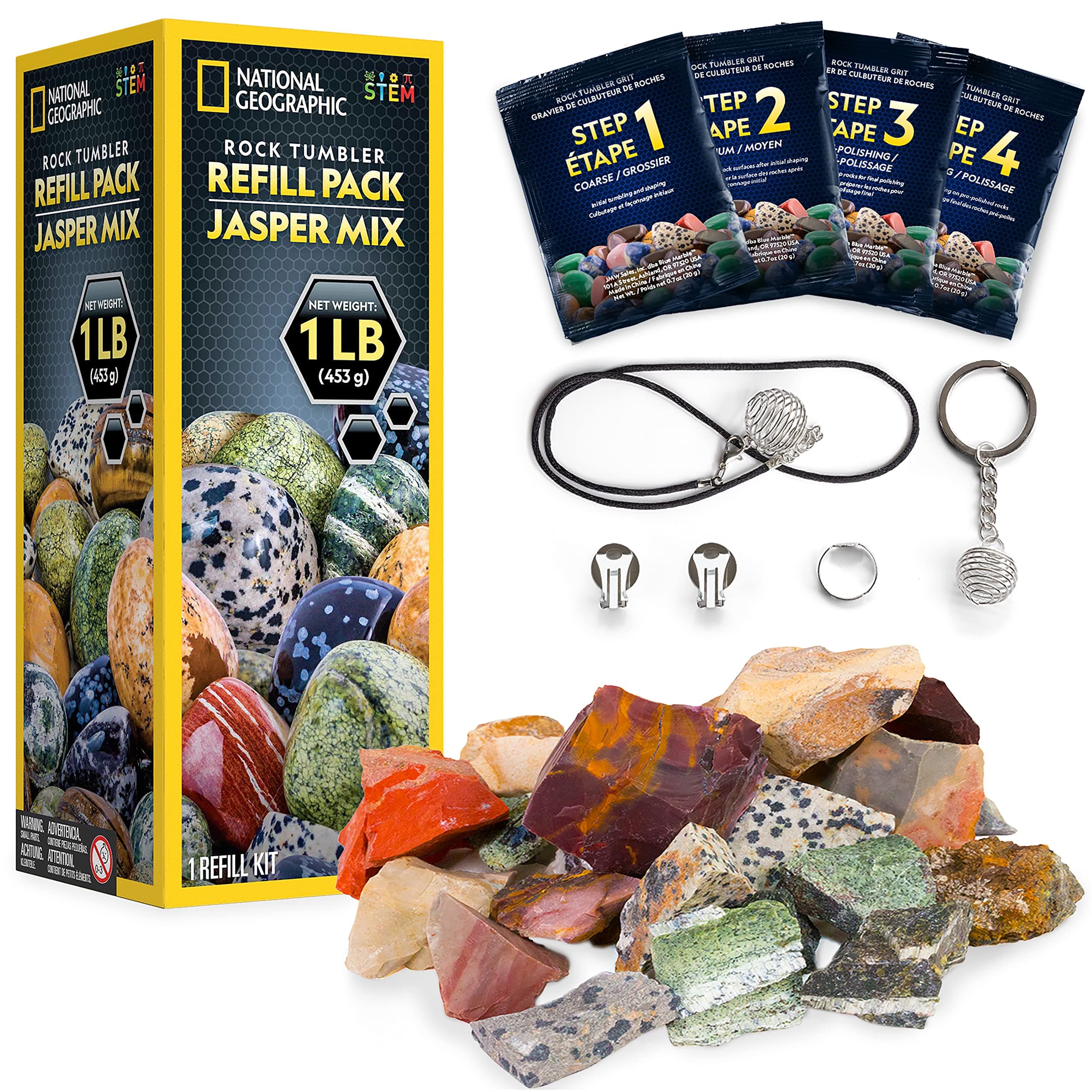 NATIONAL GEOGRAPHIC Rock Tumbler Refill Kit - 1 Lb. Jasper Rocks for Tumbling - 8 Varieties Including Mookaite and Kabamba - Supplies With Grit and Jewelry Accessories