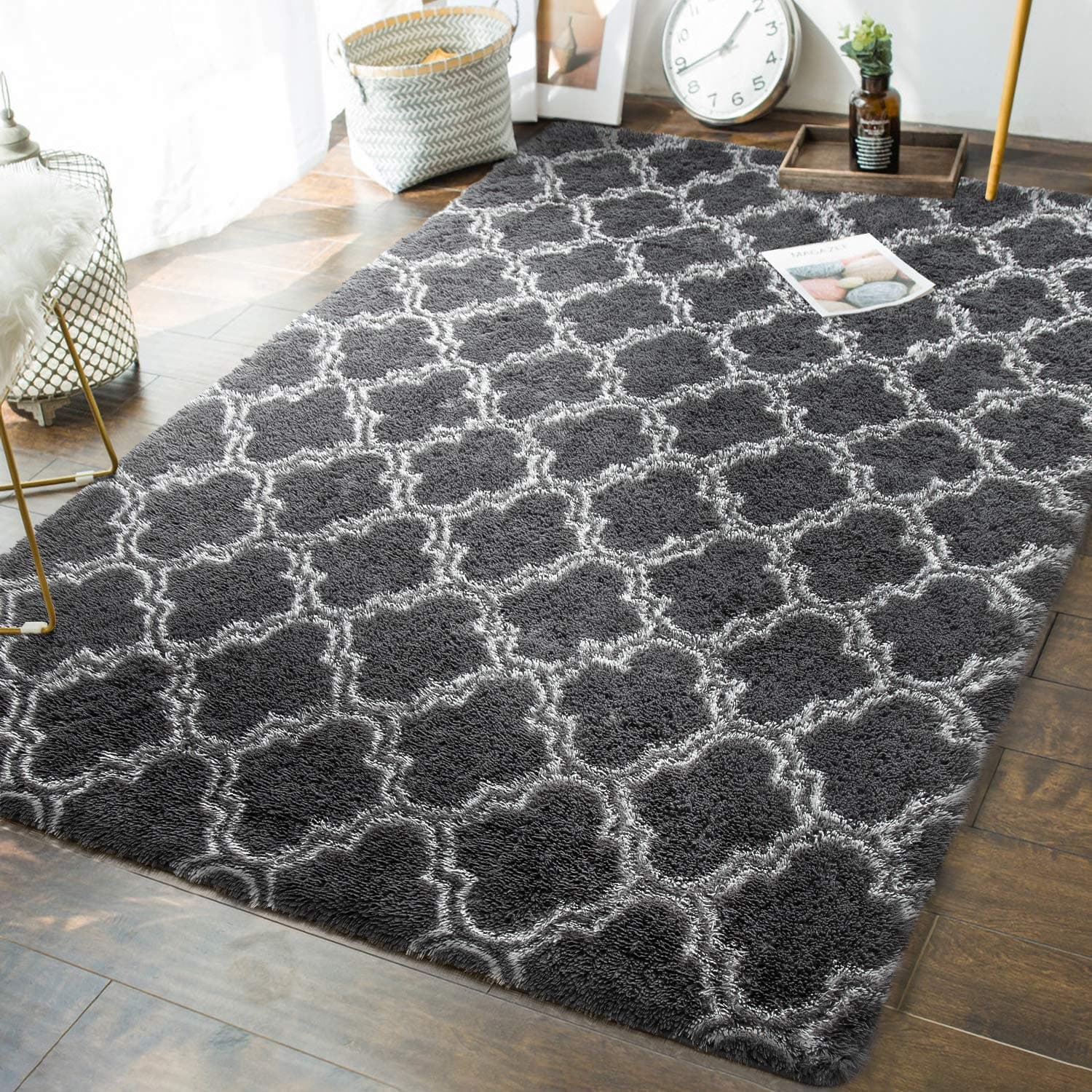 Andecor 5x8 Area Rugs for Bedroom Living Room, Shaggy Geometric Indoors Carpet for Dorm Girls Boys Kids Room Nursery Home Decor Aesthetic Rug, Dark Grey and White
