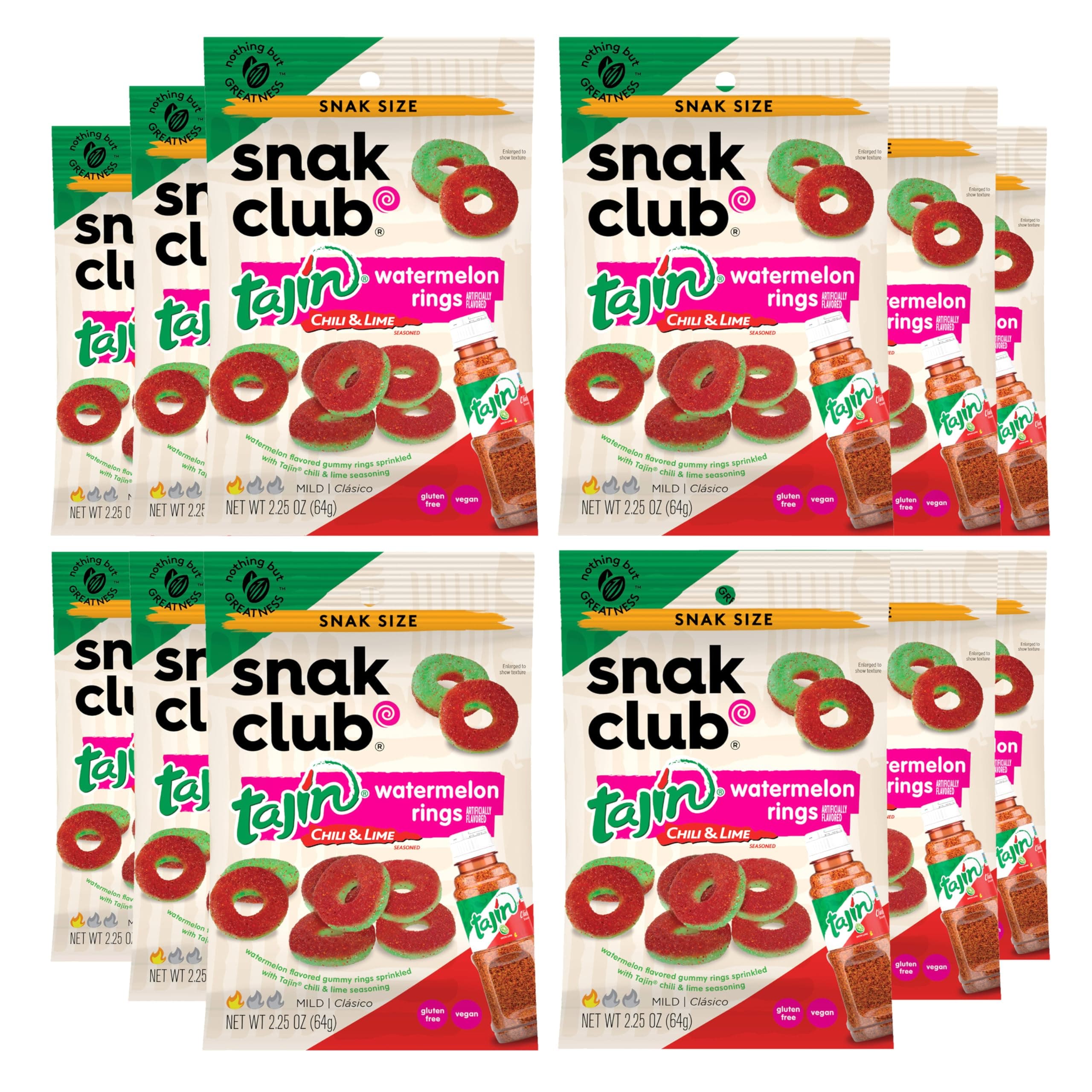 Snak Club Tajin Watermelon Rings, Chili & Lime Gummy Snacks, Mild in Heat Bold in Flavor, Gluten-Free Snack, 2.25oz
