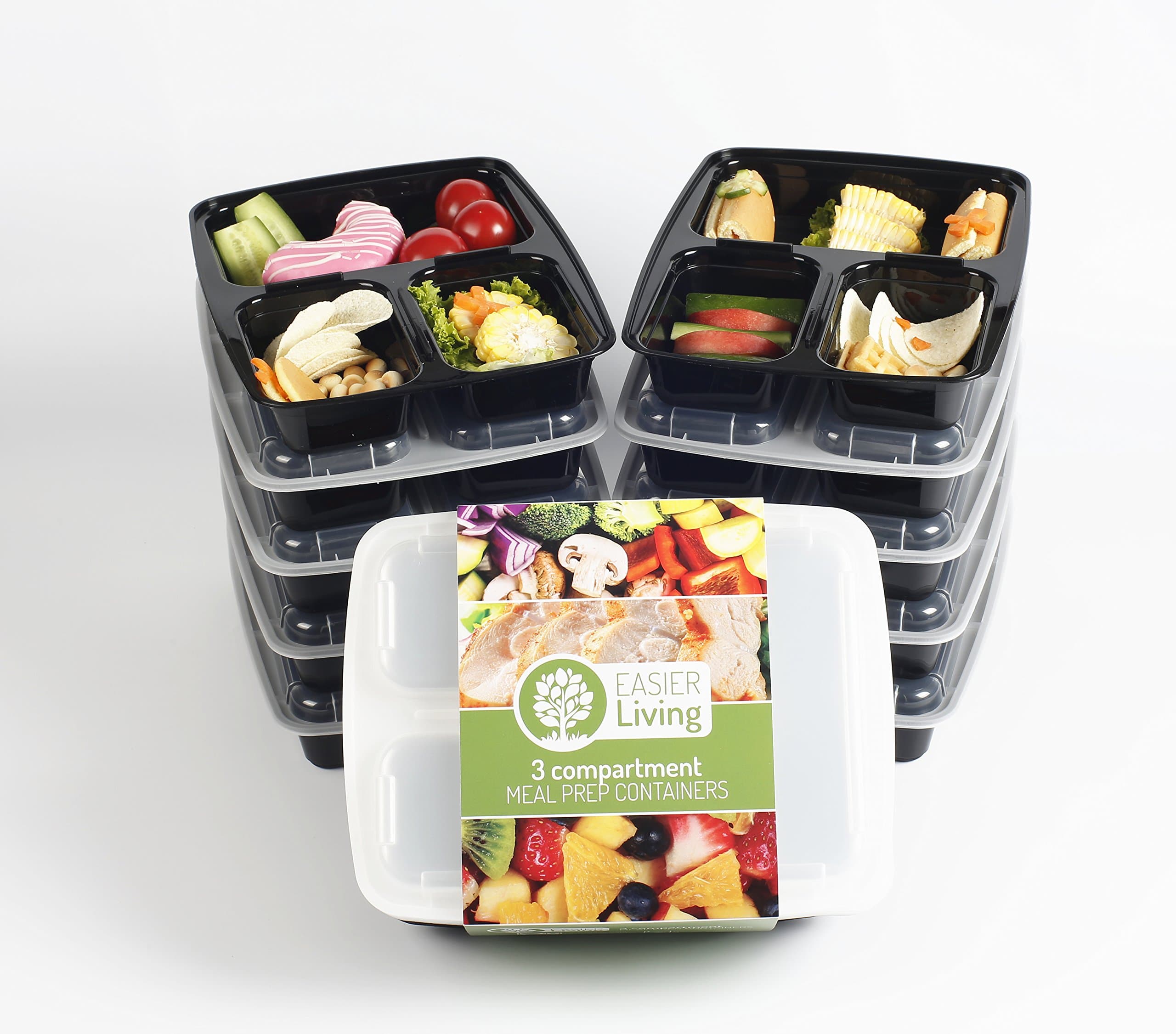 Pack of 10 Meal Prep Containers with 3 Compartments and lids - Reusable, Stackable, BPA-Free Plastic, Safe for Freezer, Dishwasher and Microwave, Perfect for hot and Cold Food Preparation.