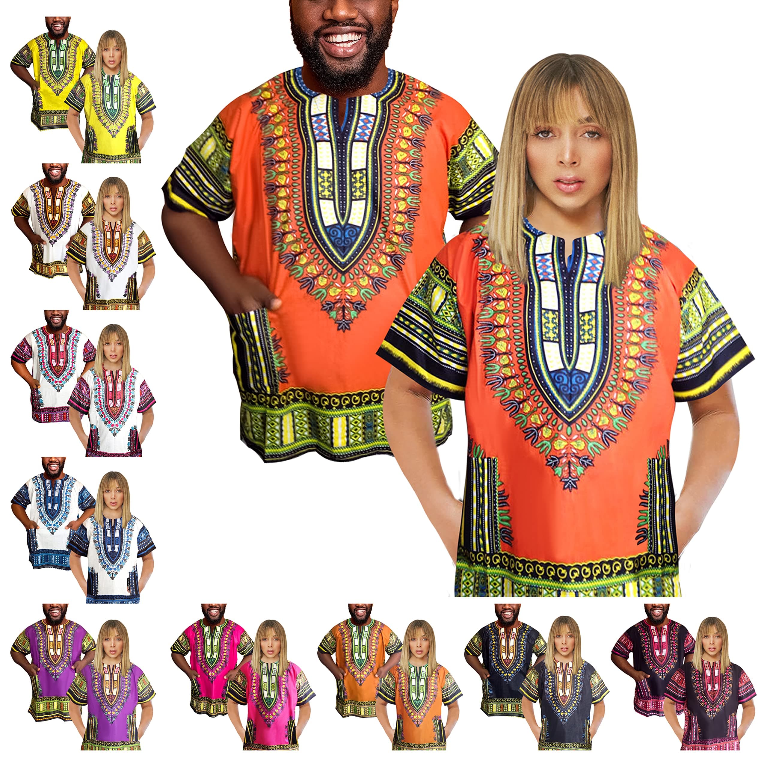 Adalex GlobalTraditional African Unisex Dashiki Shirt Color Tribal Festival Hippie, Ideal for Men Women African Short Sleeve Summer Wear