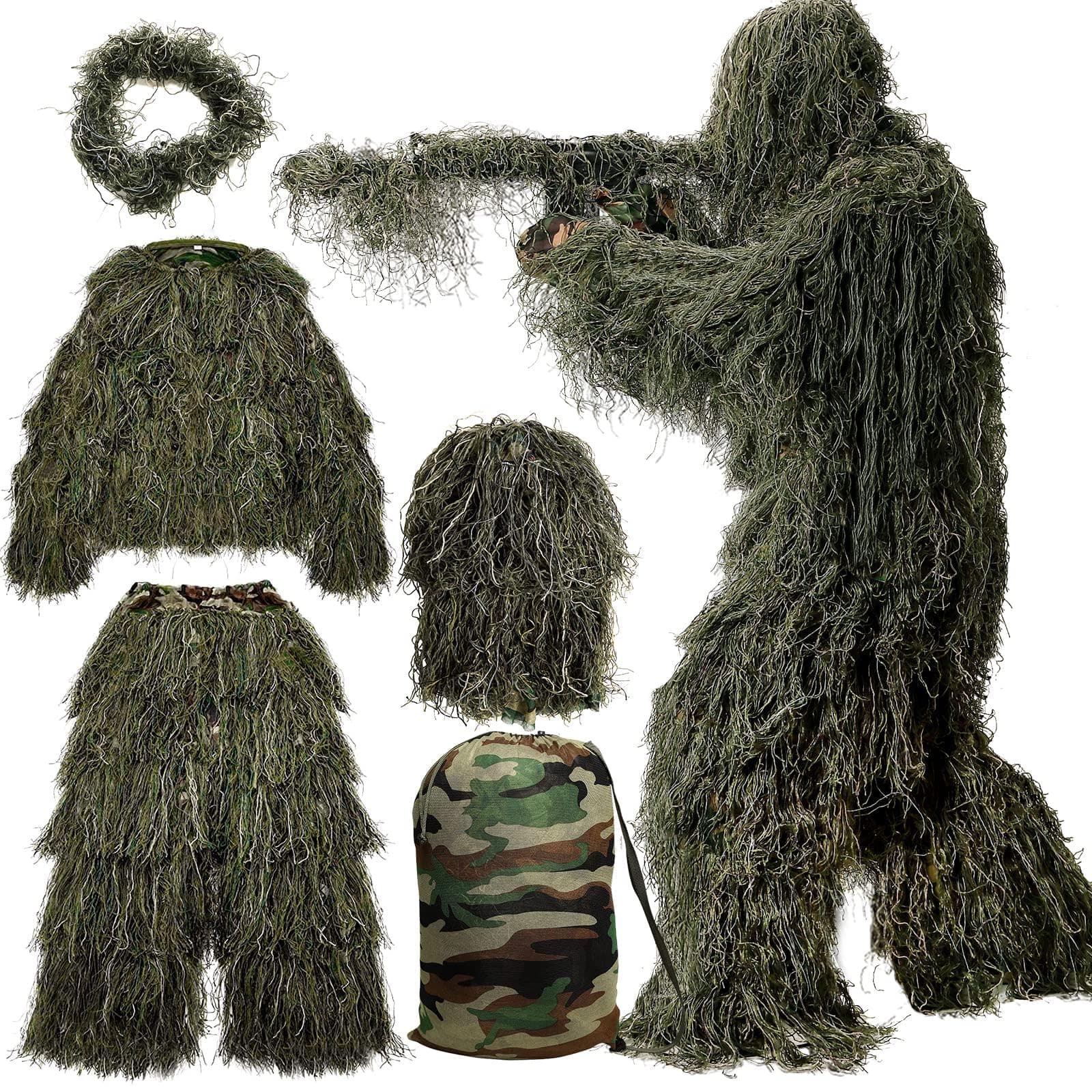- 5 in 1 Ghillie Suit 3D Camouflage Hunting Suits - Jacket, Pants, Hood, Carry Bag for Adults & Youth, M/L/XL/XXL