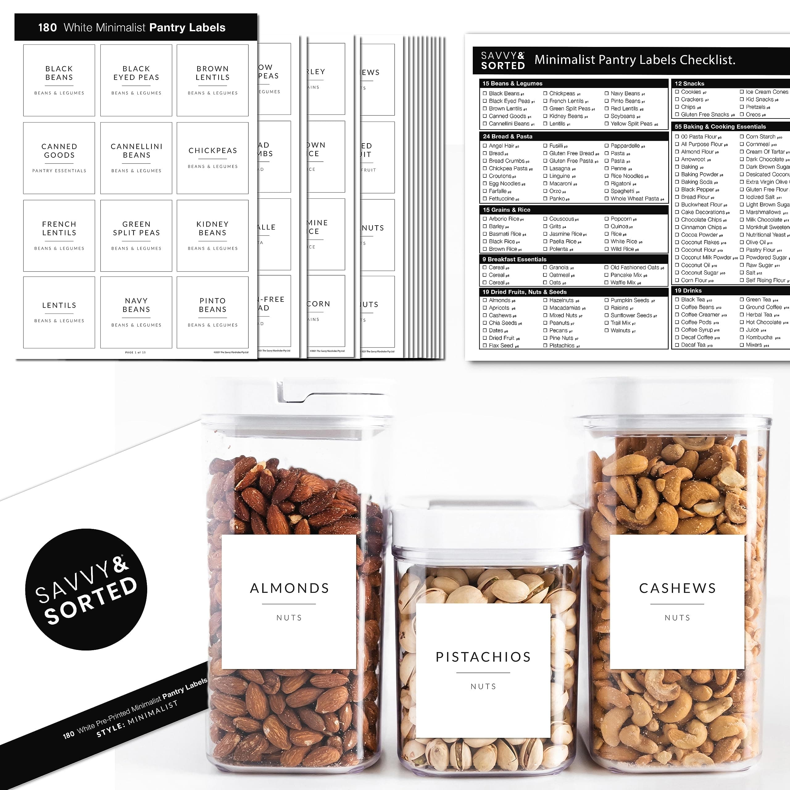 Minimalist Pantry Labels, 180 Waterproof Vinyl Stickers for Food Containers - Kitchen Labels for Organizing Storage Bins, Jars, Kitchen