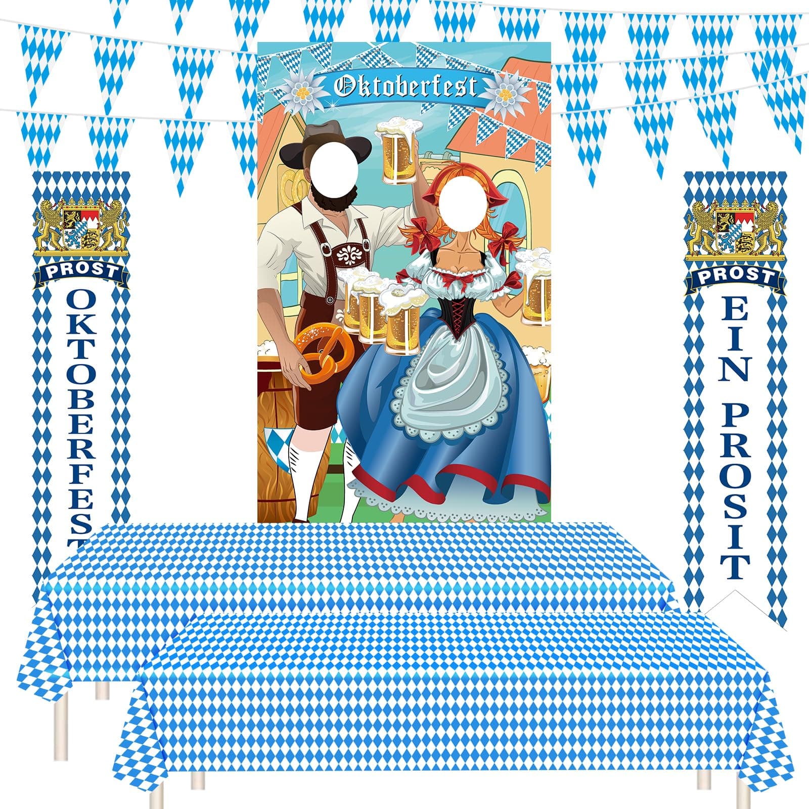 PLULON 6 Pcs Oktoberfest Decorations Party Kit, Oktoberfest Photo Backdrop Porch Welcome Banner Sign Bavarian Tablecloth Check Flag German White and Blue Theme Party Beer Festival Party Supplies