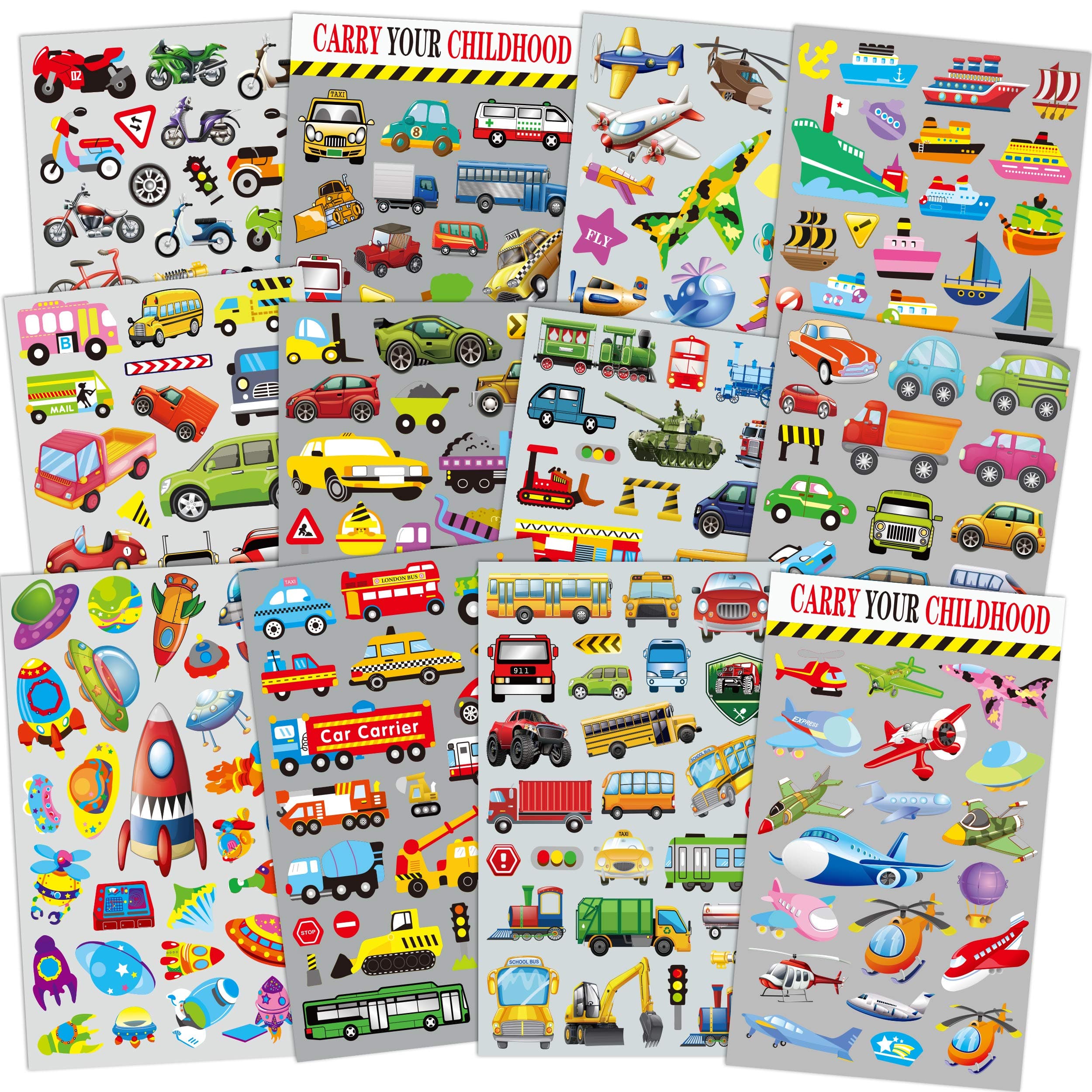 HORIECHALY 12 Sheets Transportation Scrapbook Decal Stickers for Kids with Cars, Airplane, Train , Ambulance, Police Car, Fire Trucks, Rocket, Great as Reward Stickers Birthday Party Favors