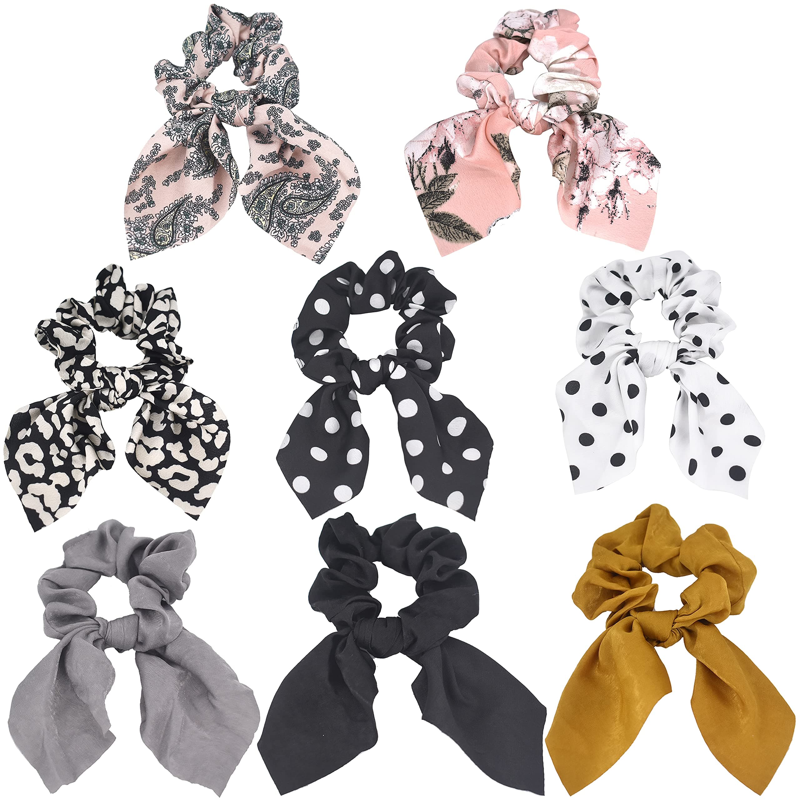 Bellisia Satin Silk Polk Dots Hair Scrunchies Rabbit Ear Bow Knot Hair Ties Flora Bow Hair Bobbles Scrunchy Animal Leopard Ponytail Holders Paisley Hair Bandana for Women Girls 8 Pcs