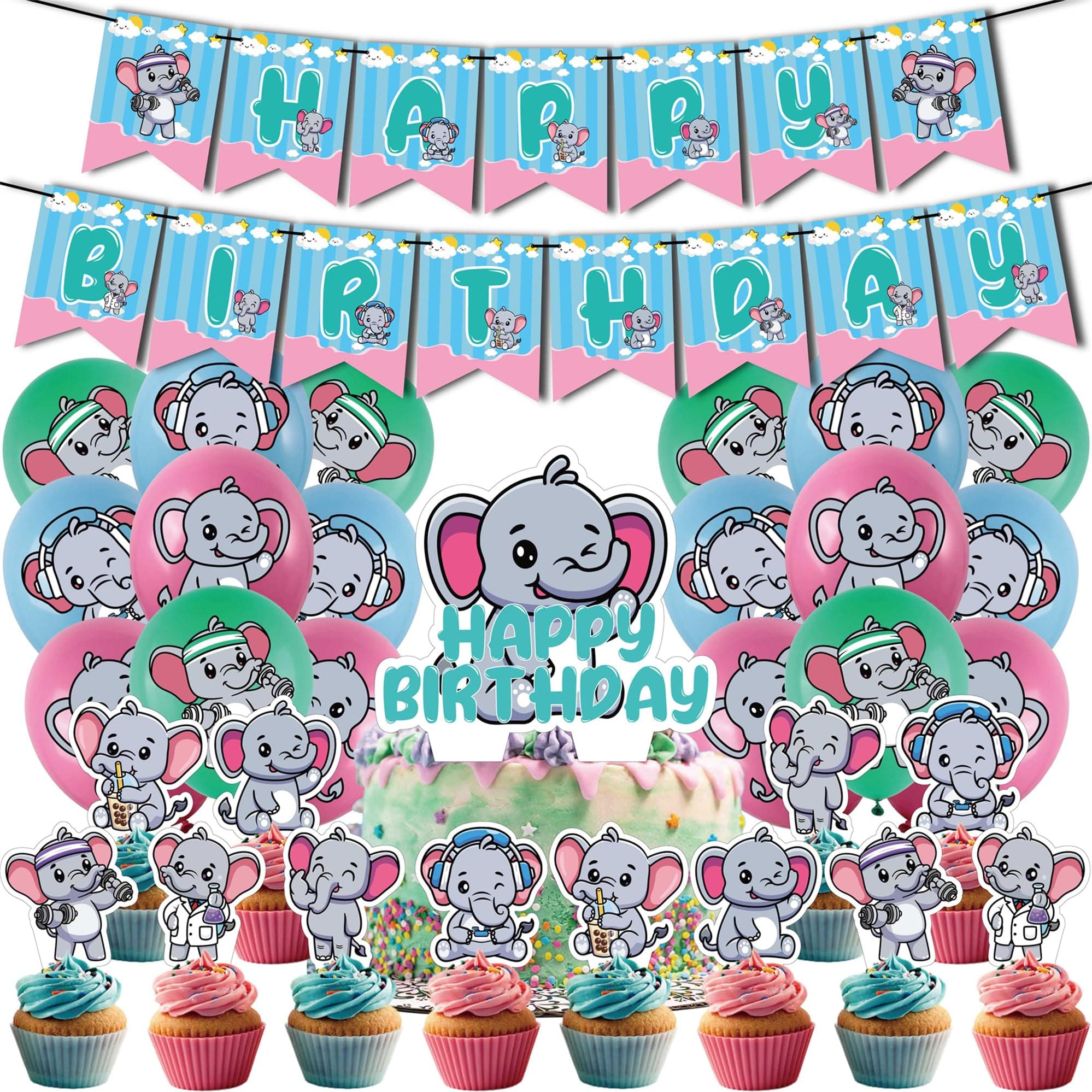32Pcs Elephant Theme Birthday Party Supplies - Happy Birthday Banner, Latex Balloons, Cupcake Toppers, Animal Party Decorations