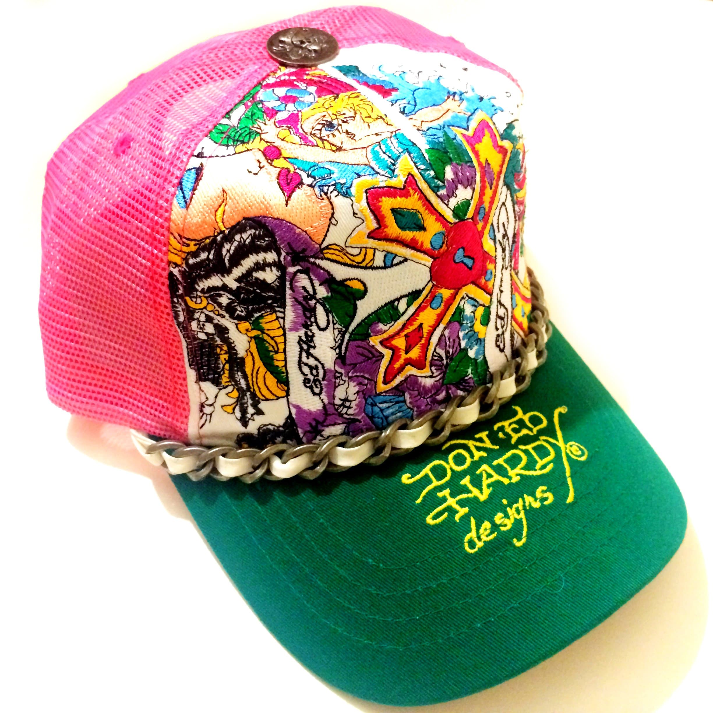 Ed Hardy Men's Trucker Hat "Love Cross" With Chain By Christian Audigier