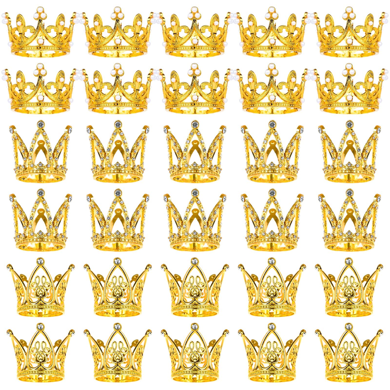 30 Pcs Crowns for Flower Bouquets, Gold Crown Cake Topper, Mini Crown for Flower Bouquet, Pearl Tiara Princess Gold Crown for Wedding Baby Shower Birthday Mothers Day Graduation Party Decor 3 Style