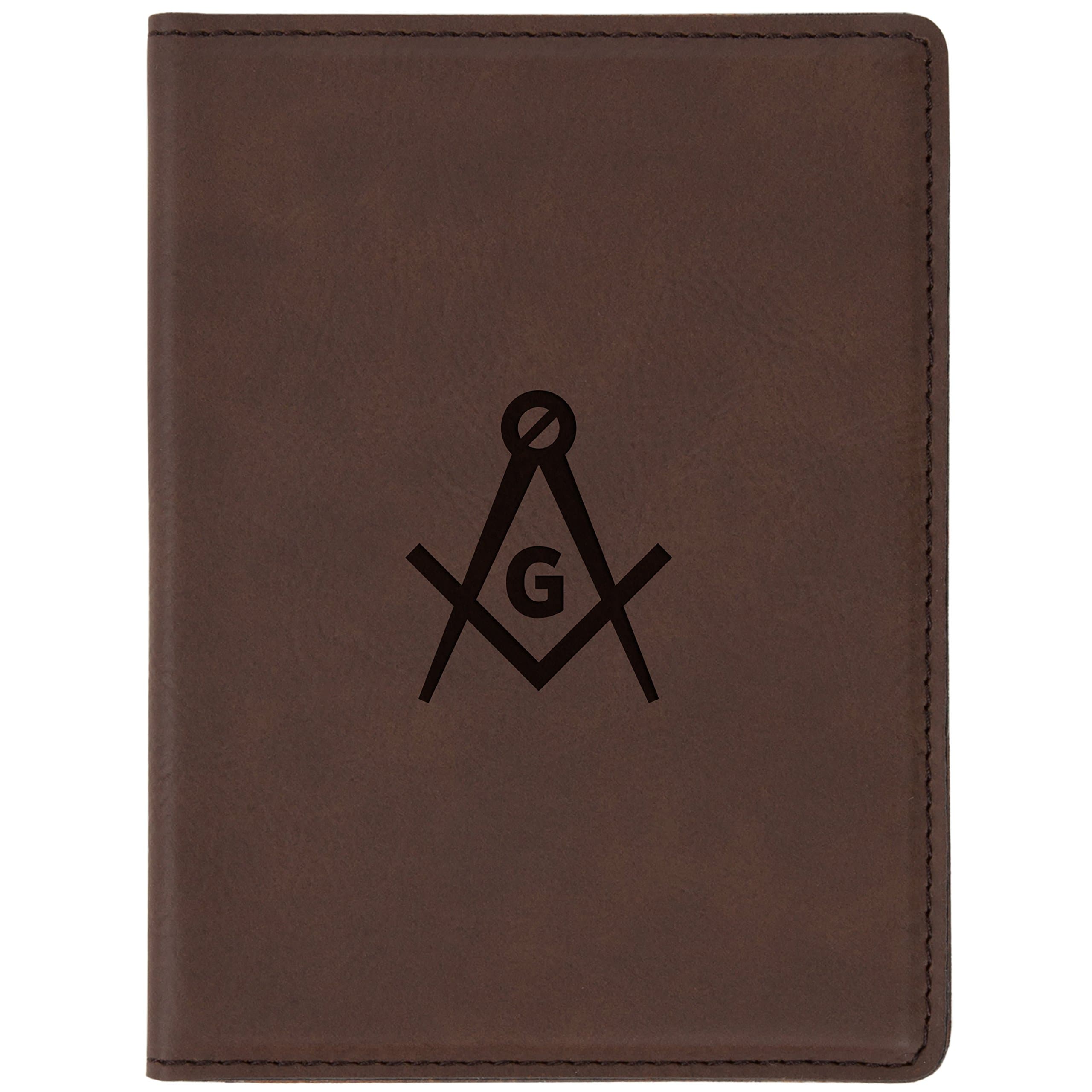 Freemason Symbol Brown Leather Passport Holder - Laser Etched Design - 4 X 5.5” Engraved Passport Holder For Women And Men