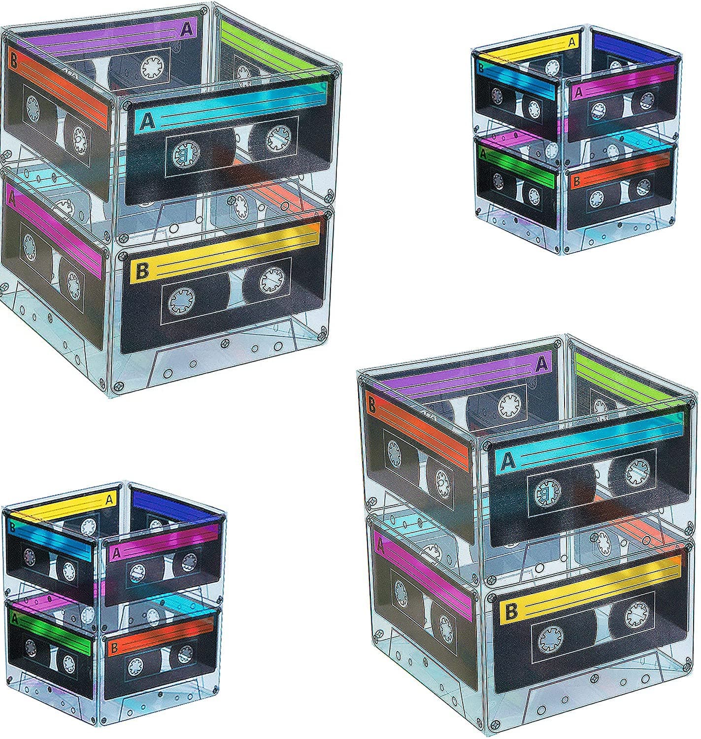 4E's Novelty Cassette Tape Bucket Centerpiece (4 Pack) 80s Party Supplies, 90's Theme Birthday Party Decoration Cassette Tape Table Decor, Retro Hip Hop Pop Music Culture Party for Adults & Kids