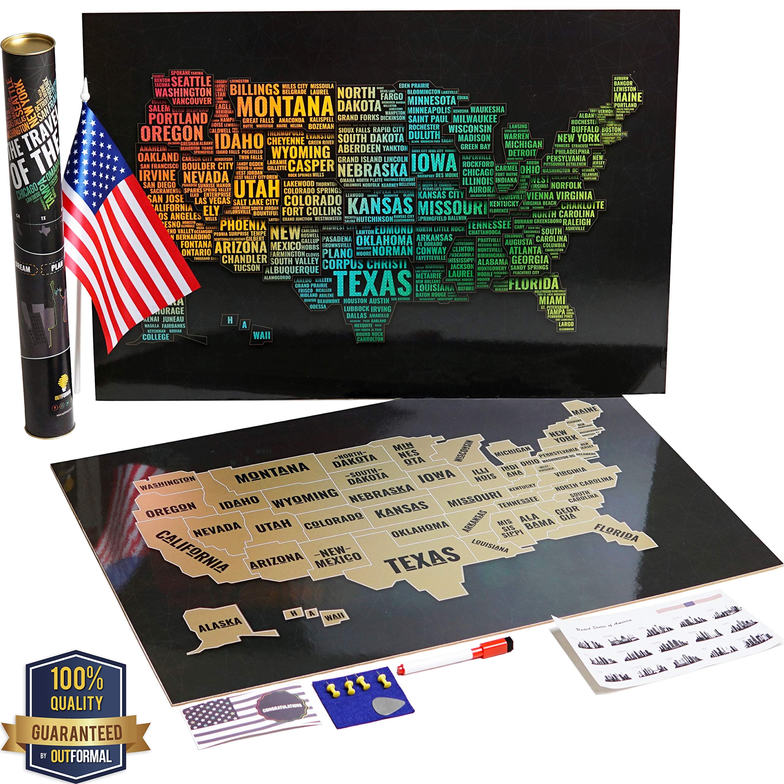 Designer Scratch Off Map of America - Stylish Us Map Scratch Off Laminated Poster - United States Map Art - Gold USA Map - Travel Map Poster with States and Cities - Travel Gift with Flag