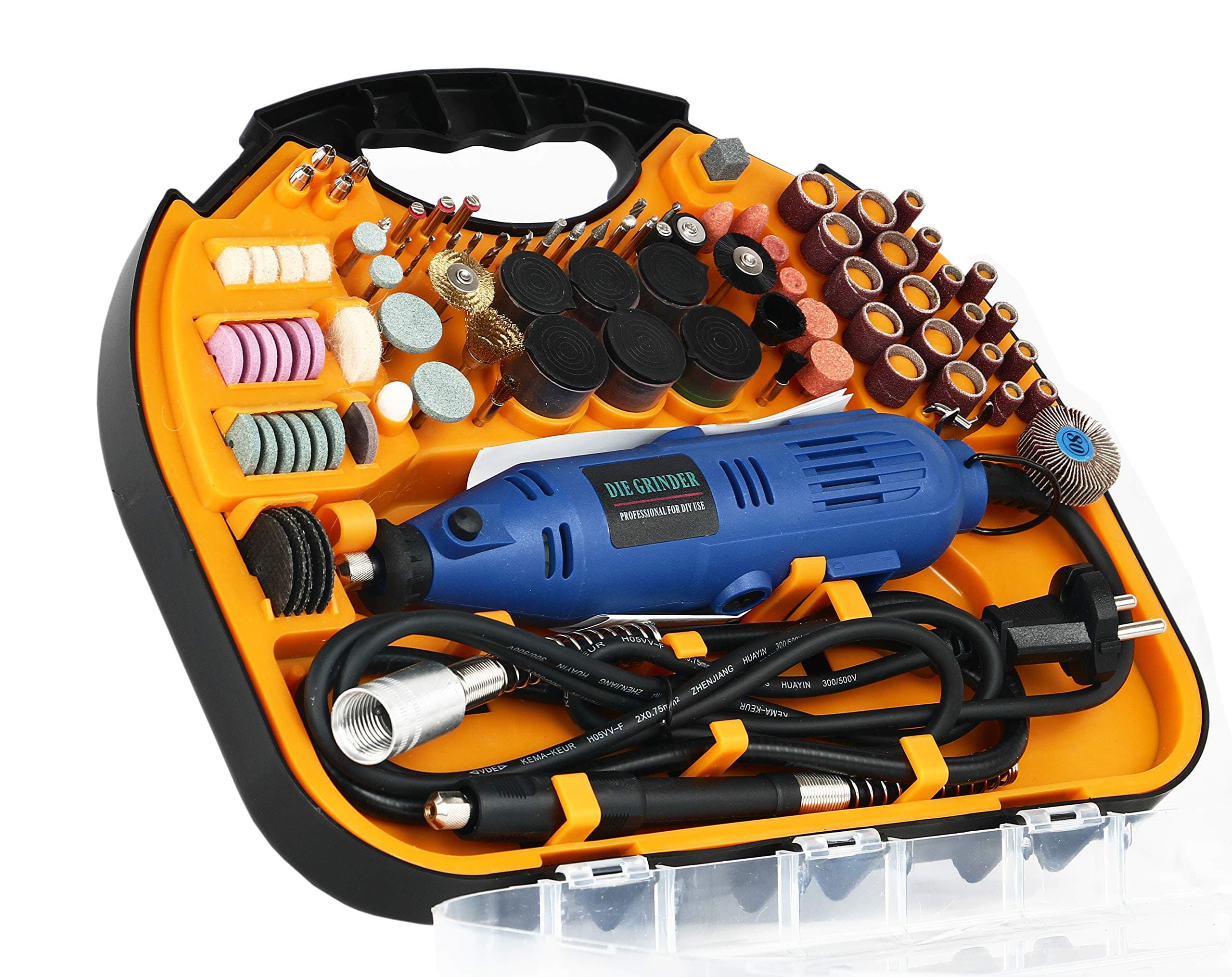 Rotary Tool Kit with MultiPro Keyless Chuck and Flex Shaft - 211pcs Accessories Variable Speed 130W Electric Drill Set for Grinding Engraving Crafting Projects and DIY Creations (Orange)