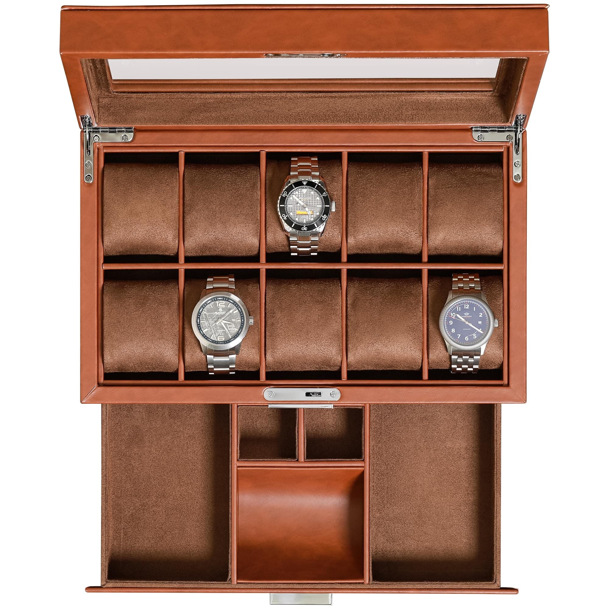 ROTHWELL 10 Slots Leather Watch Box with Valet Drawer Luxury Watch Case Display Organizer with Ultra Soft Micro Suede Liner Jewelry Sunglasses Holder Large Glass Top (Tan/Brown)