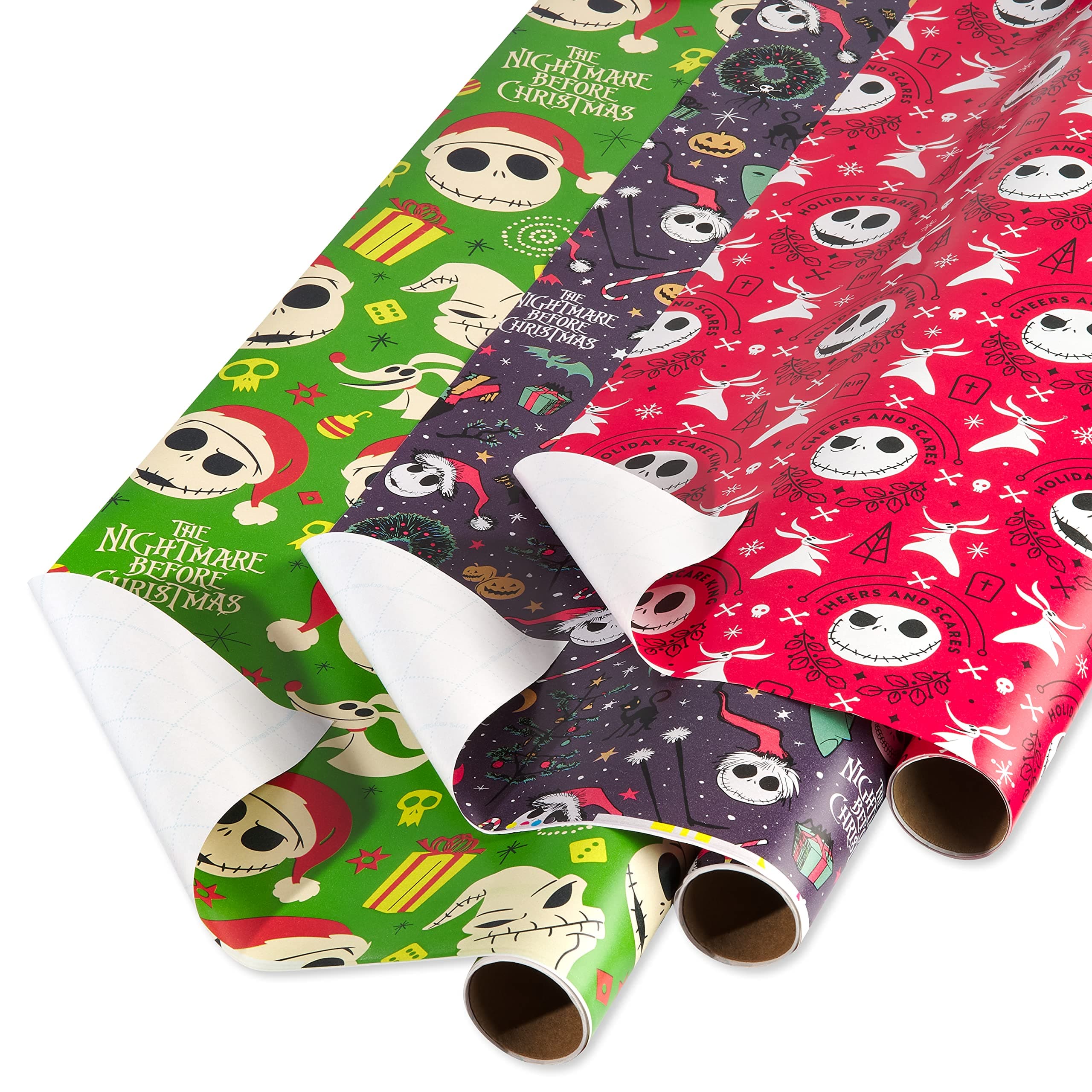 Nightmare Before Christmas Christmas Wrapping Paper Rolls, Black and Red Holiday Gift Wrap (105 sq. ft., 3 Rolls-30 in. x 14 ft., Cut Lines) Jack Skellington, Oogie Boogie, Cosmo
