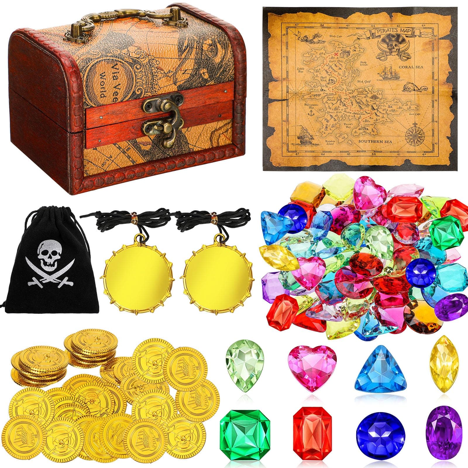 Yookeer 88 Pcs Pirate Treasure Chest for Kids, Antique Color Big Treasure Chest Box, Hunt Map, Gold Coins, Necklaces, Gems for Pirate Themed Party Favors(Map Style)