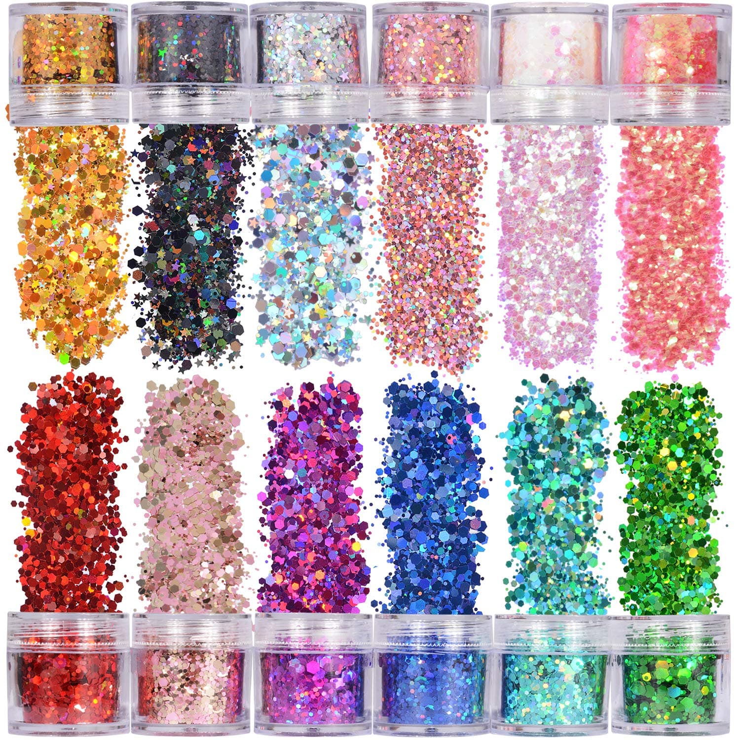 Holographic Chunky Glitter 12 Colors Total 120g Face Body Eye Hair Nail Festival Glitter Different Size Stars and Hexagons Shaped (Set A)