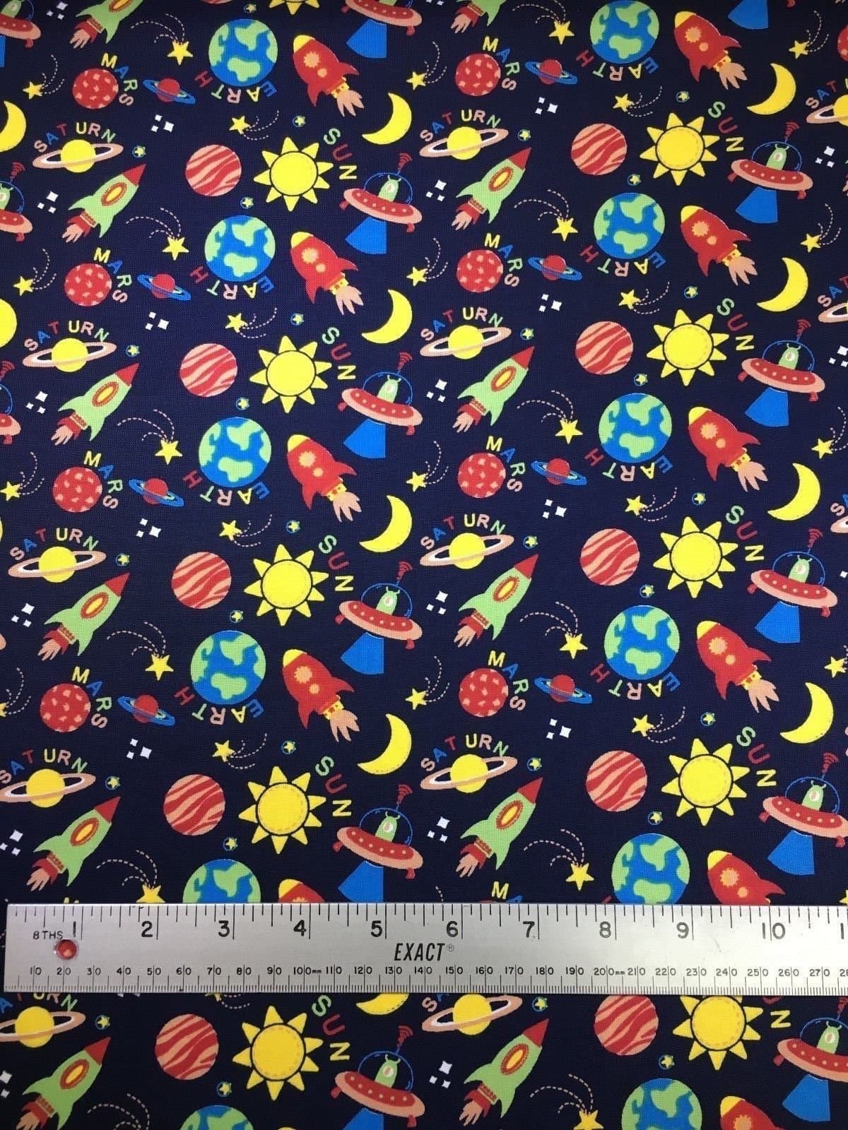 Navy Blue Space Main - 1/2 Metre Quilting Fabric Space Astronauts Planets Kids Material Patchwork 100% Cotton Tight Woven Rocket Launcher Printed Quilting Fabric 112cm Width