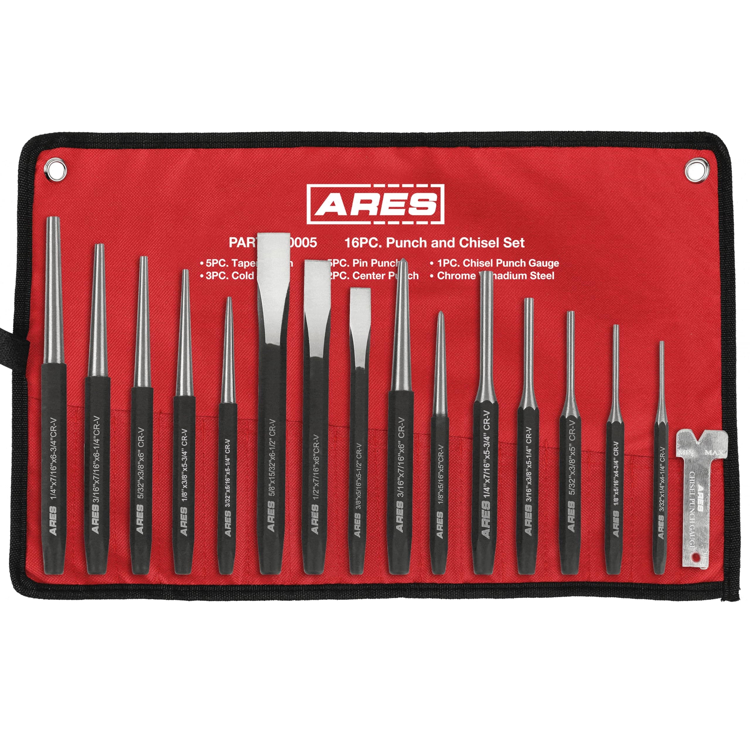 ARES 50005-16-Piece Punch and Chisel Set – Tapered Punches, Pin Punches, Center Punches, and Cold Chisels for Various Applications