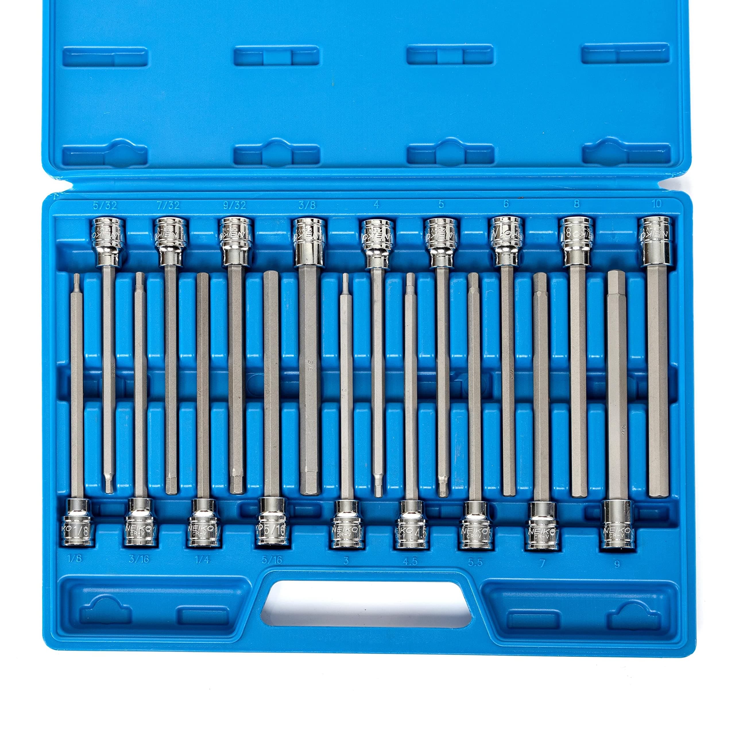 NEIKO 10079A Extra Long Allen Hex Bit Socket Set, 18 Piece SAE and Metric Allen Socket Set, 3/8 Drive, 1/8 Inch - 3/8 Inch & 3mm - 10mm, Length 6 Inch Allen Hex Socket Bit Set, Allen Head Hex Key