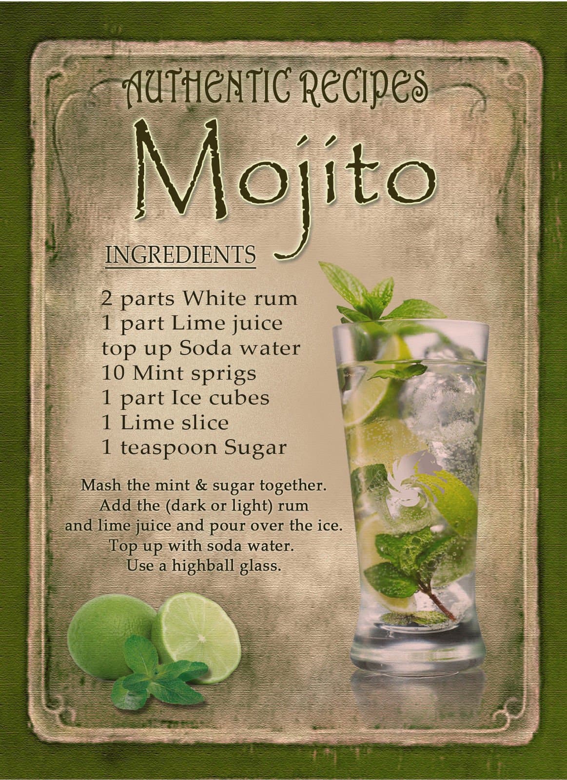 MOJITO- Cocktail Recipe – Vintage - Style Metal Sign – 3 Sizes To Choose – Bar-Cafe-Pub-Bistro-Unique Gift (8” X 6” 200 X 150 mm)