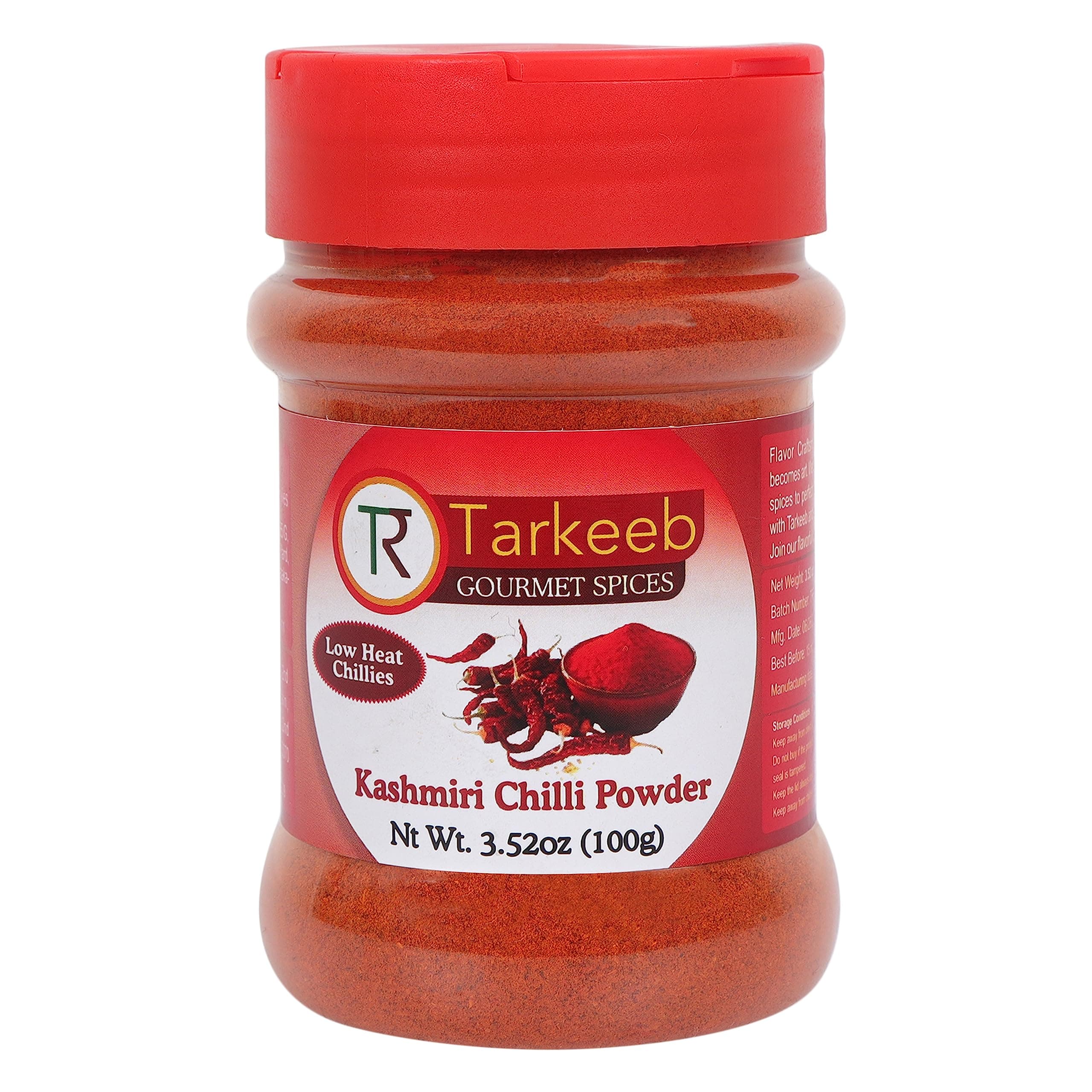 Tarkeeb Kashmiri Chili Powder (Deggi Mirch, Low Heat) 3.52 oz (100g) Shaker Top PET Jar | Authentic Indian Spice | All Natural | Salt-Free | Vegan | Gluten Free | Indian Origin |