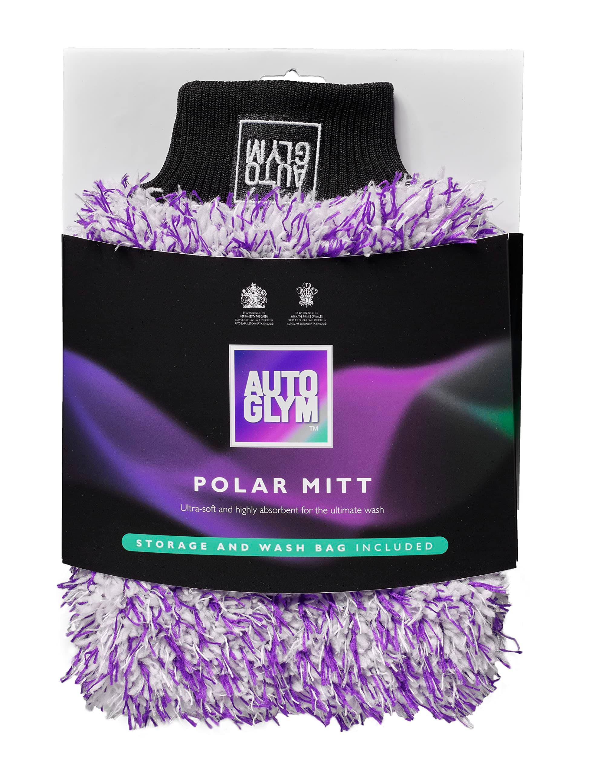Polar Car Wash Mitt with Storage and Washbag Included, Premium Fine Microfibre Strands, Scratch-Free Results, Purple, White & Black