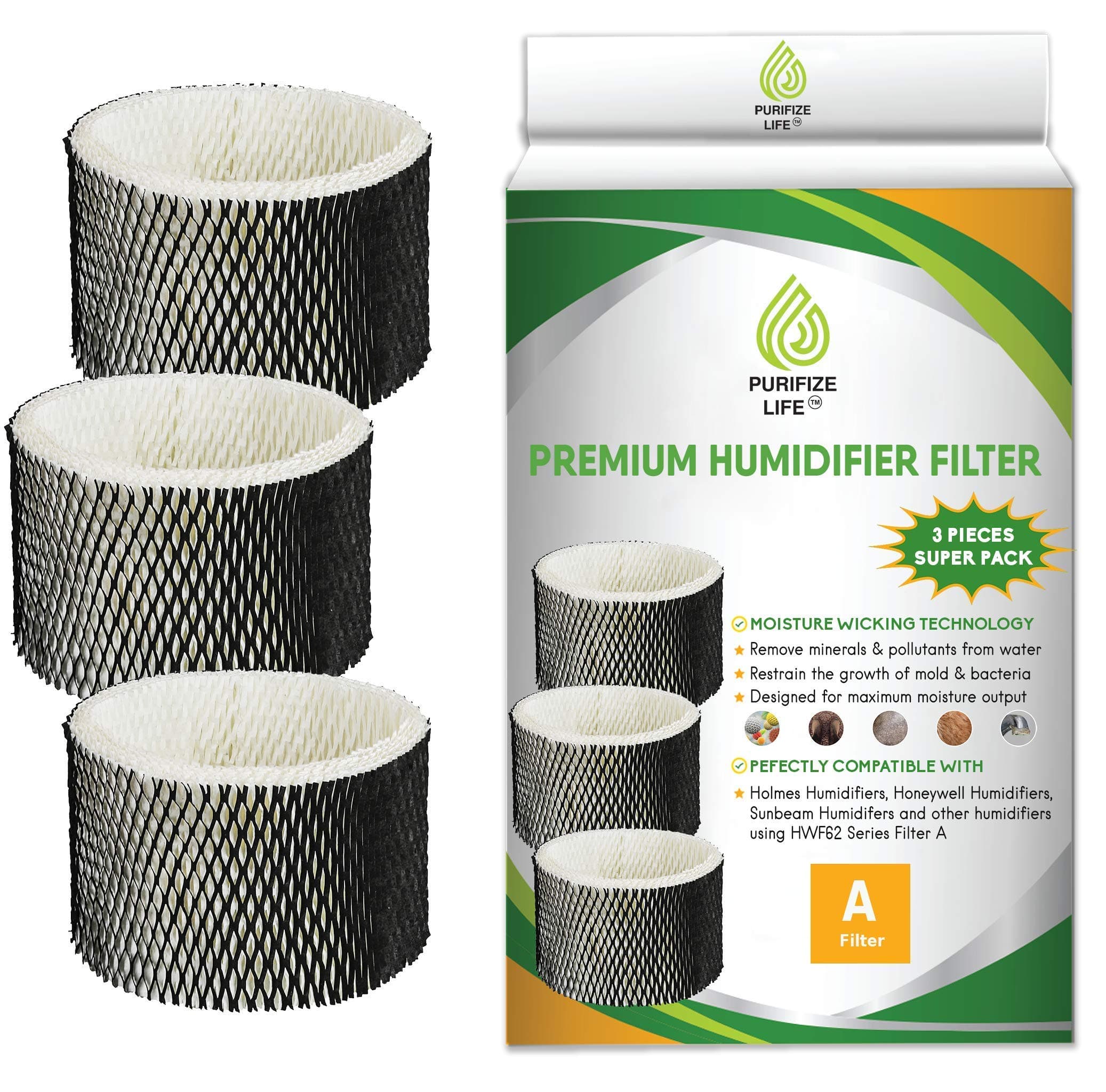 PURIFIZE LIFE Premium Replacement Wick Filter for Holmes Humidifier HWF62, HWF62S HWF62D Filter A and Other Sunbeam Cool Mist Models (3 Pack)