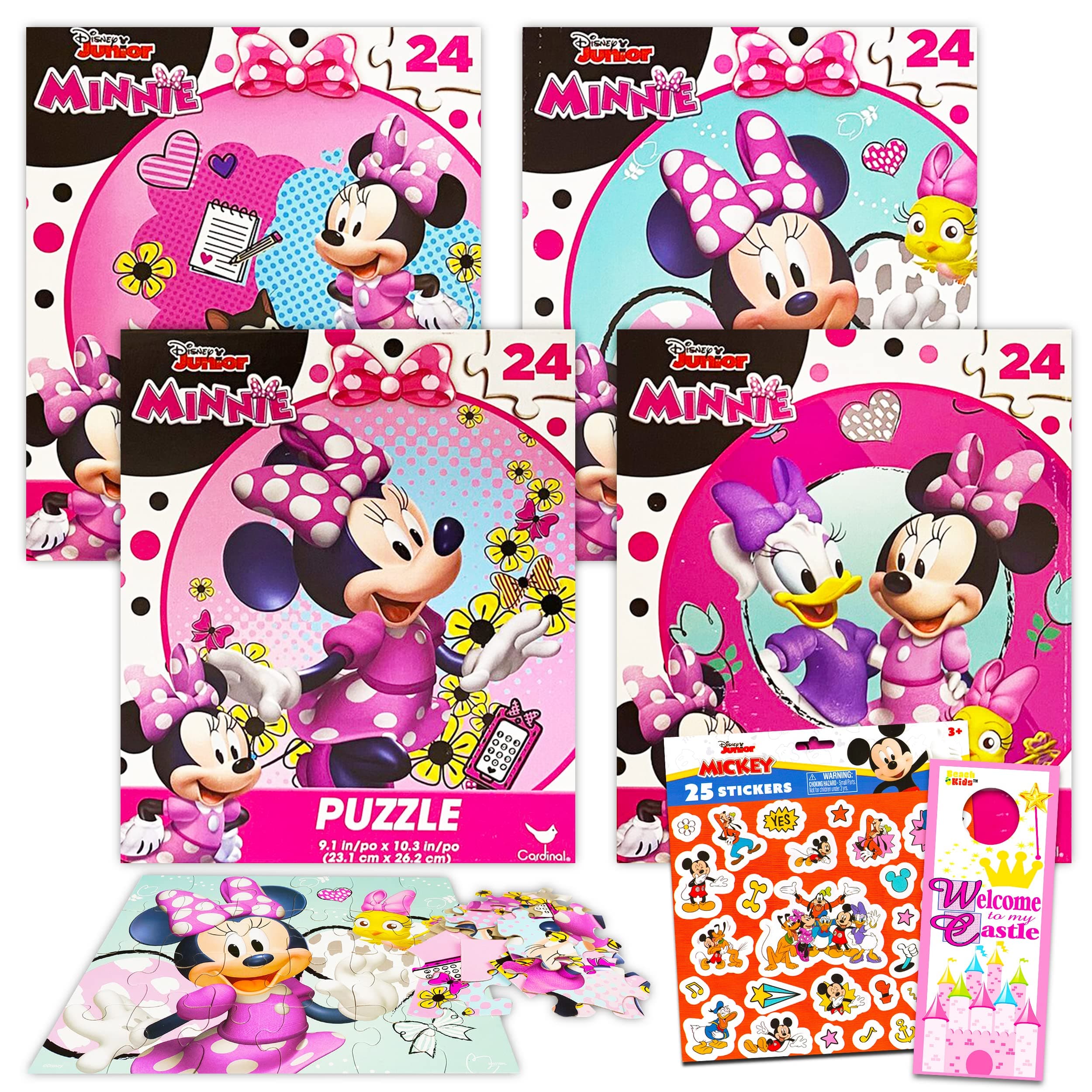 Disney Minnie Mouse Jigsaw Puzzle Bundle - 4 Pack Minnie Mouse Puzzles 24 Piece with Disney Junior Stickers | Minnie Party Favors (Minnie Mouse Games for Kids)