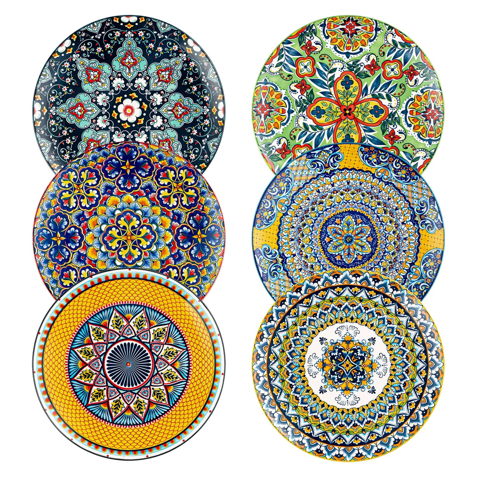 HENXFEN LEAD Dinner Plates Set of 6-10.5 Inch Large Ceramic Plates, Colorful Serving Dishes for Kitchen & Restaurant, Dishware, Microwave & Oven safe - Bohemian Style