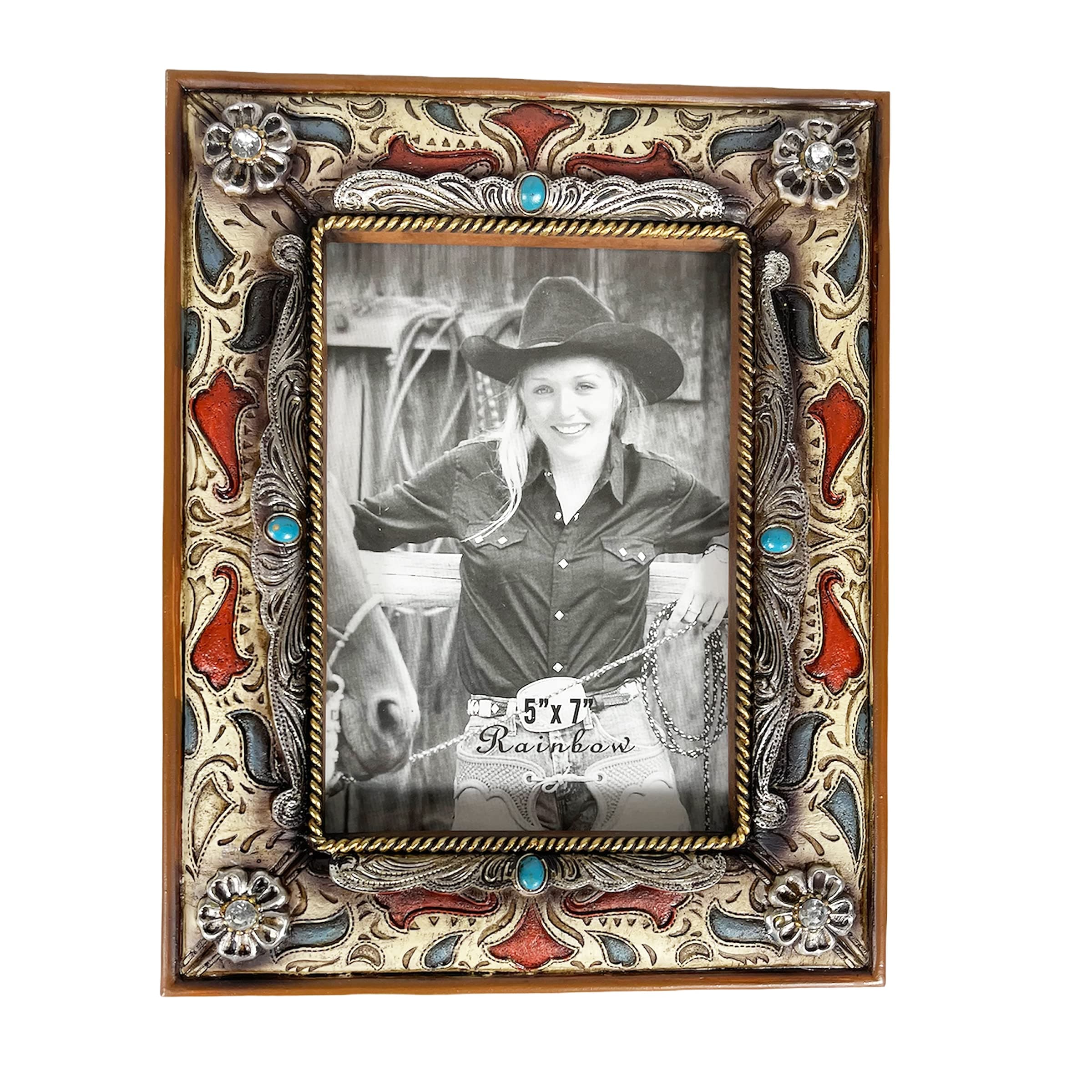 Urbalabs Cowboy Fancy Red and Gem Western Decor Picture Frame 5 x 7 Country Gifts Farmhouse Picture Frames Photo Frame Wall Hanging or Standing 5x7 Elaborate Picture Frame