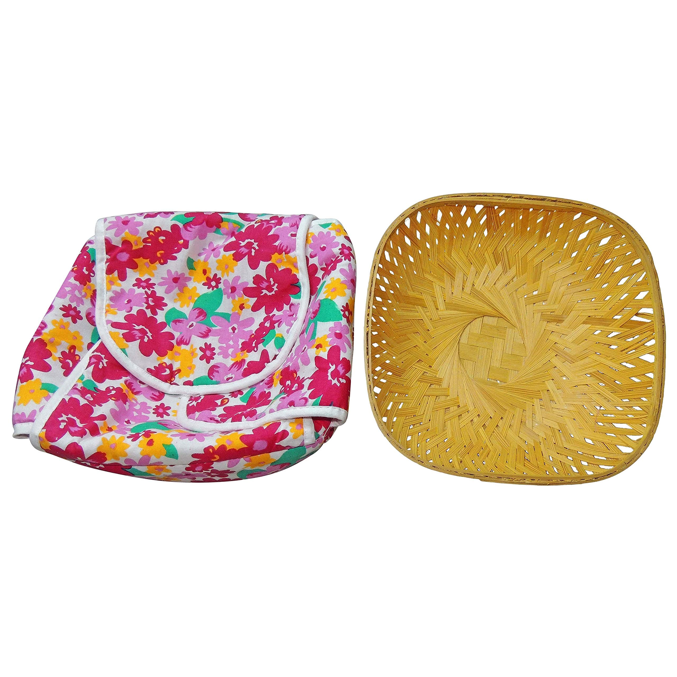 Roti Chapati Cane Tokari Basket with Printed Removable Washable Elastic Cotton Cover - Assorted Colours