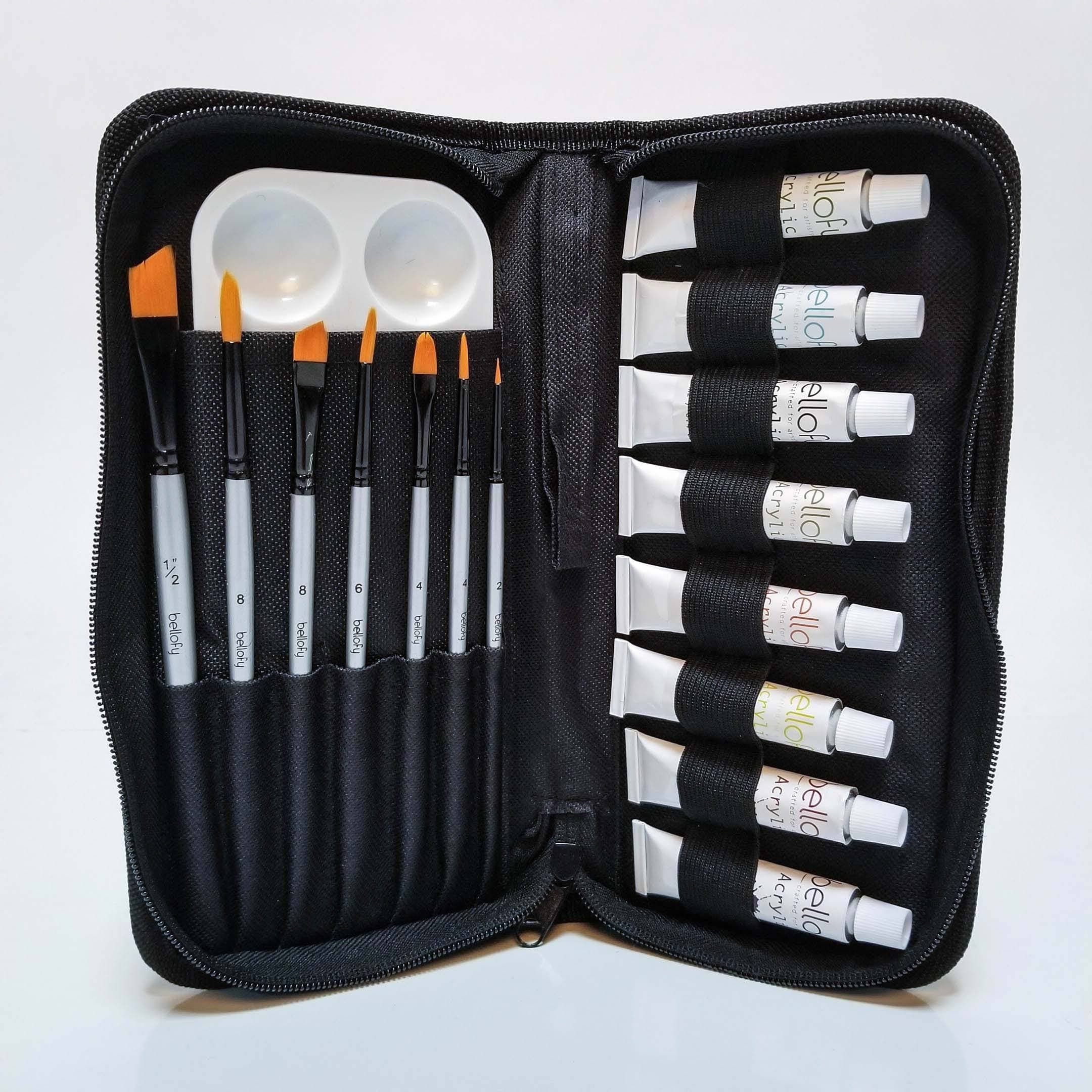 17 Piece Acrylic Paint Kit - w/7 Paint Brushes, 8 Acrylic Paint Colors, Palette, and Travel Bag 4-in-1